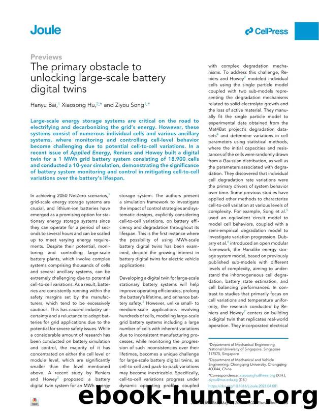 The primary obstacle to unlocking large-scale battery digital twins by Hanyu Bai & Xiaosong Hu & Ziyou Song