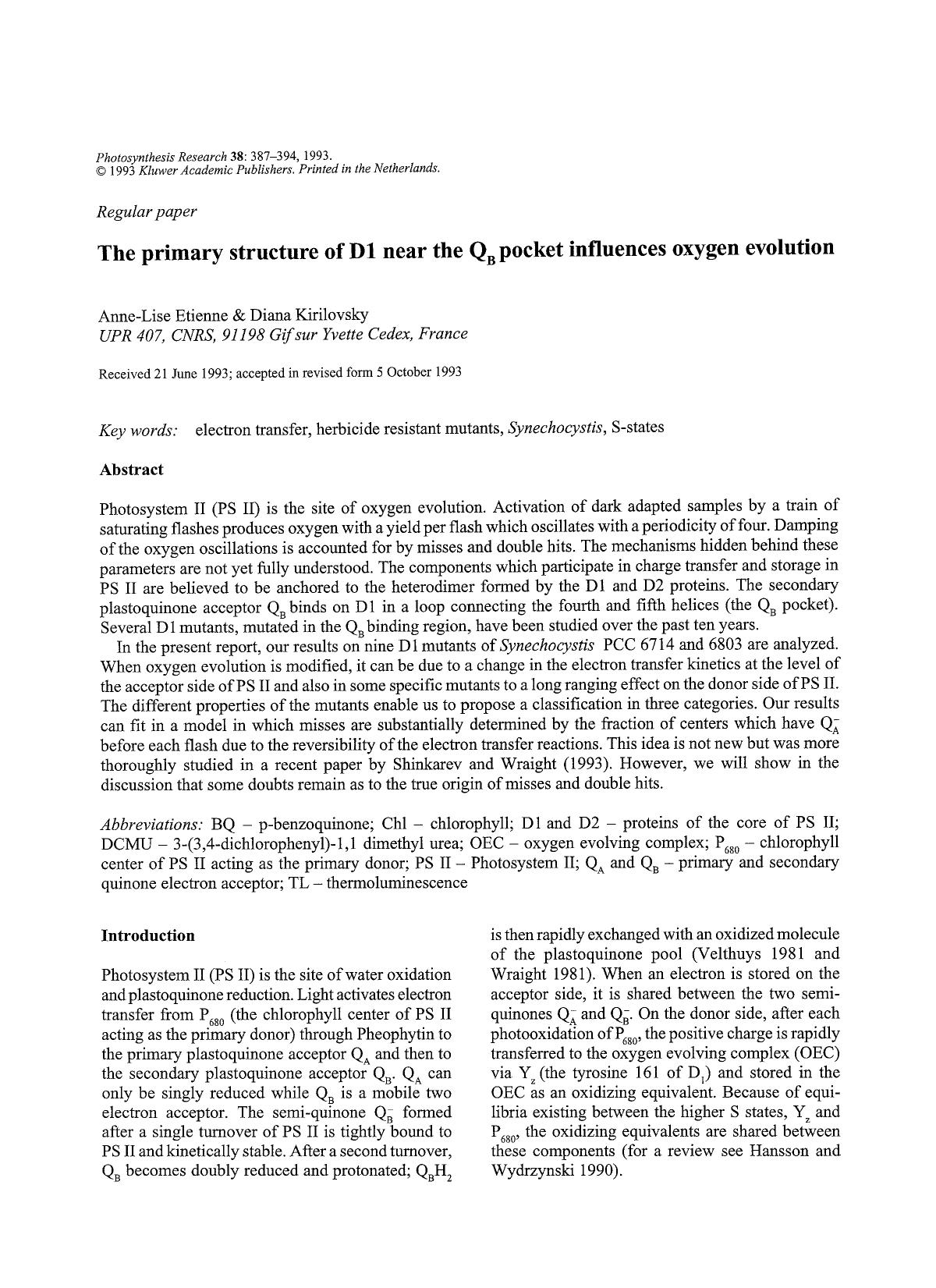 The primary structure of D1 near the Q<Subscript>B<Subscript> pocket influences oxygen evolution by Unknown