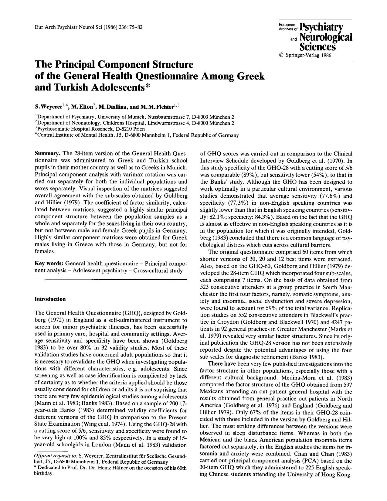 The principal component structure of the general health questionnaire among Greek and Turkish adolescents by Unknown