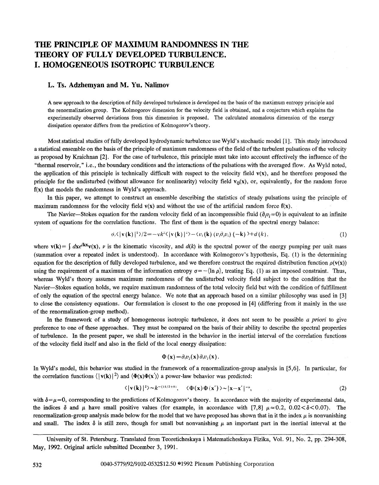 The principle of maximum randomness in the theory of fully developed turbulence. I. Homogeneous isotropic turbulence by Unknown