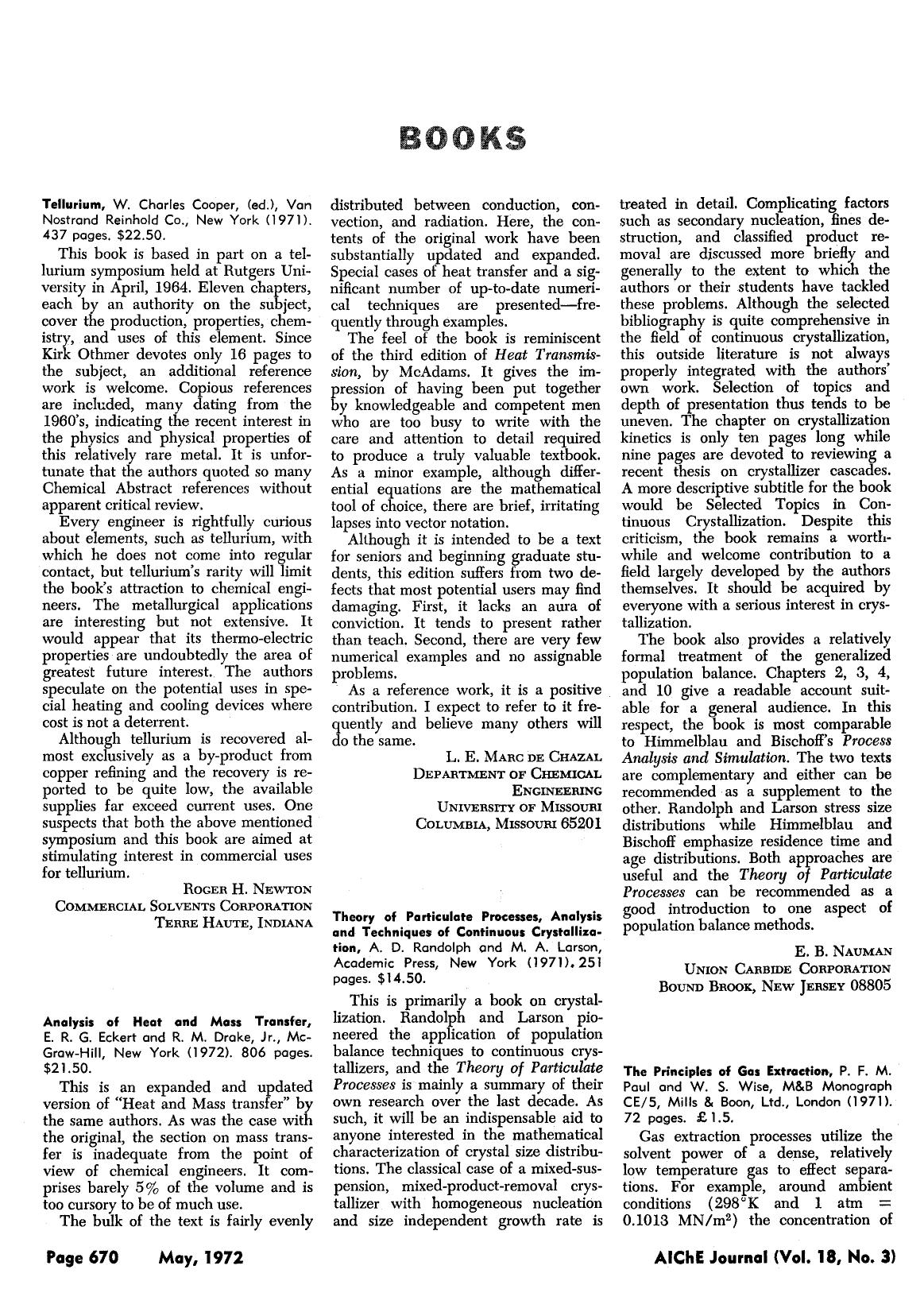 The principles of gas extraction, P. F. M. Paul and W. S. Wise, M&B Monograph CE5, Mills & Boon, Ltd., London (1971). 72 pages. £ 1.5 by Unknown