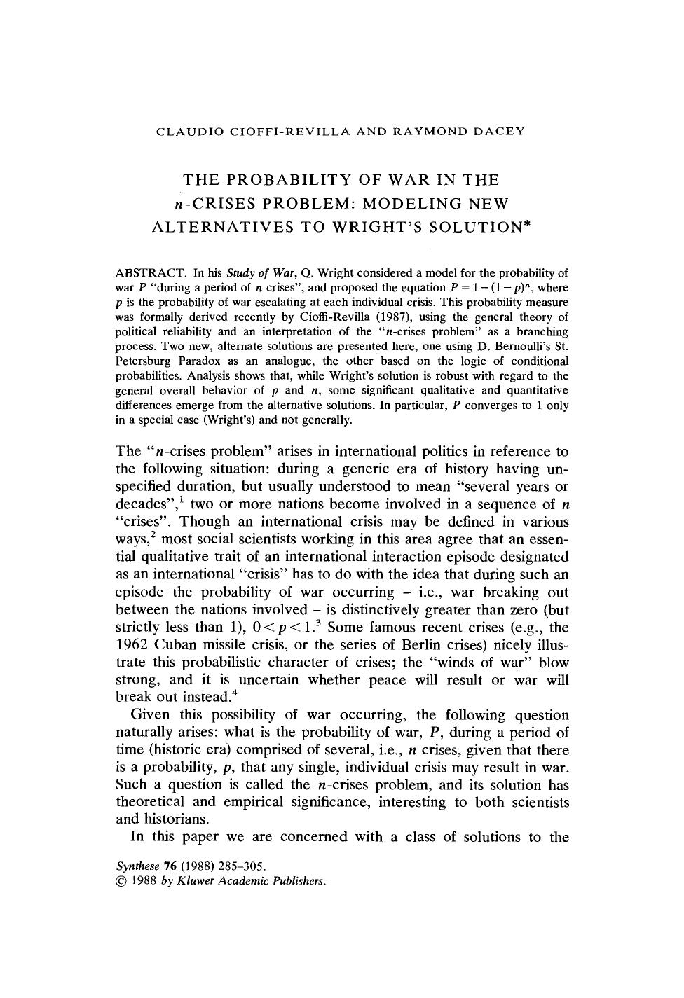 The probability of war in the <Emphasis Type="Italic">n <Emphasis>-crises problem: Modeling new alternatives to Wright's solution by Unknown