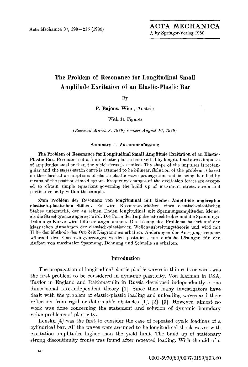 The problem of resonance for longitudinal small amplitude excitation of an elastic-plastic bar by Unknown