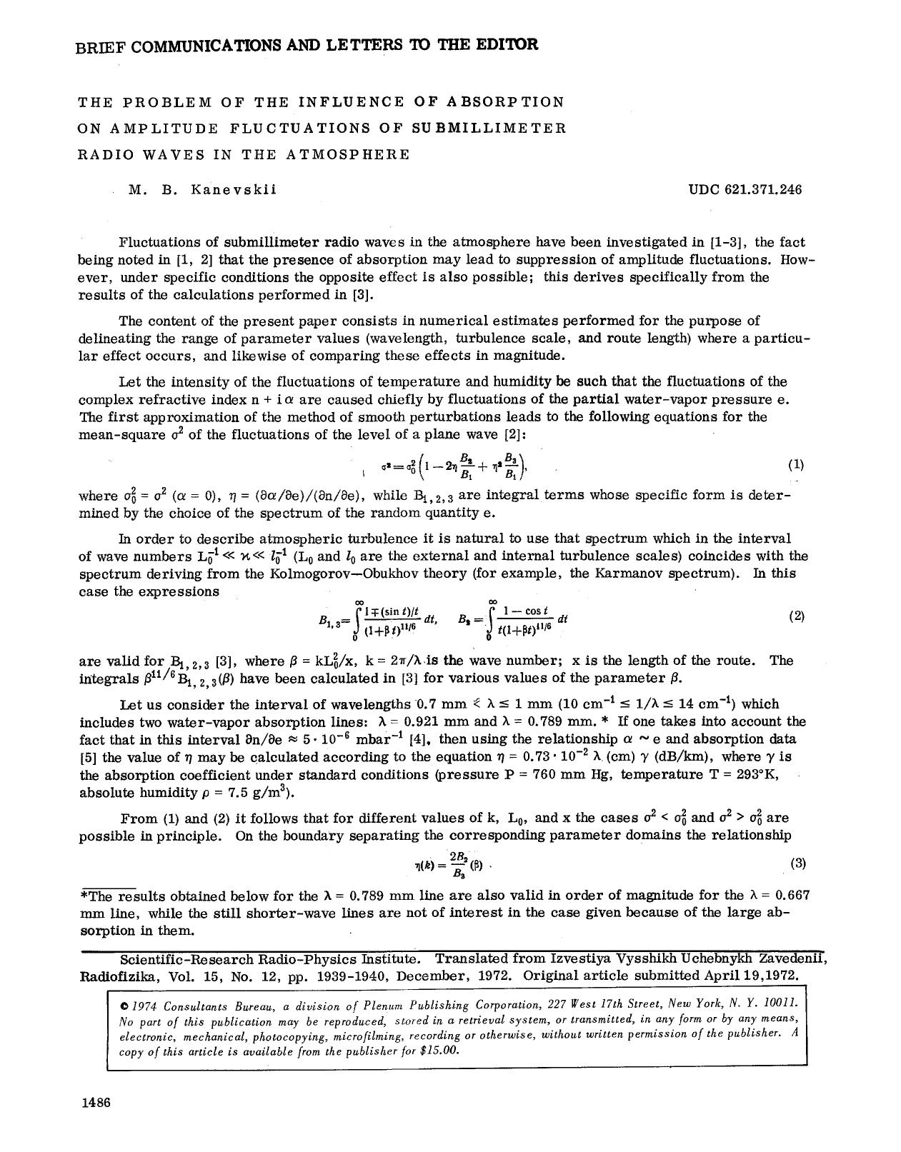 The problem of the influence of absorption on amplitude fluctuations of submillimeter radio waves in the atmosphere by Unknown