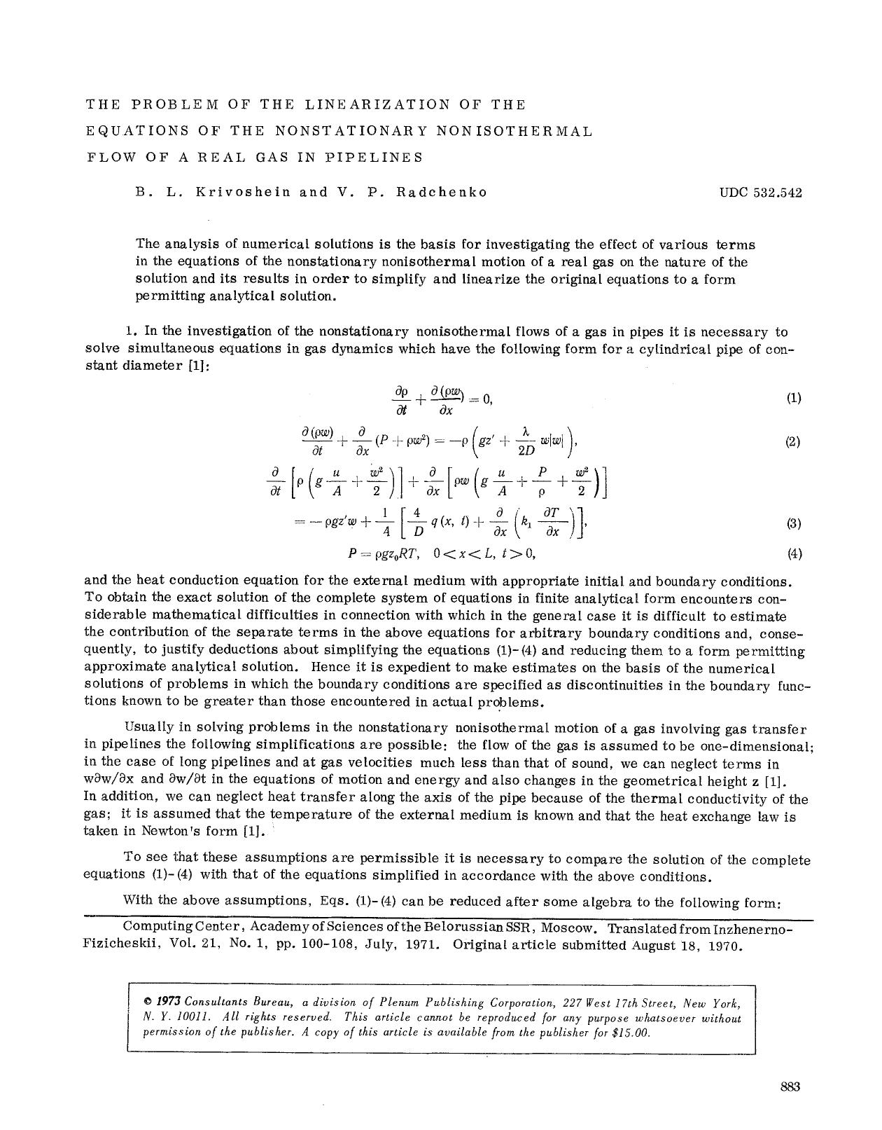 The problem of the linearization of the equations of the nonstationary nonisothermal flow of a real gas in pipelines by Unknown