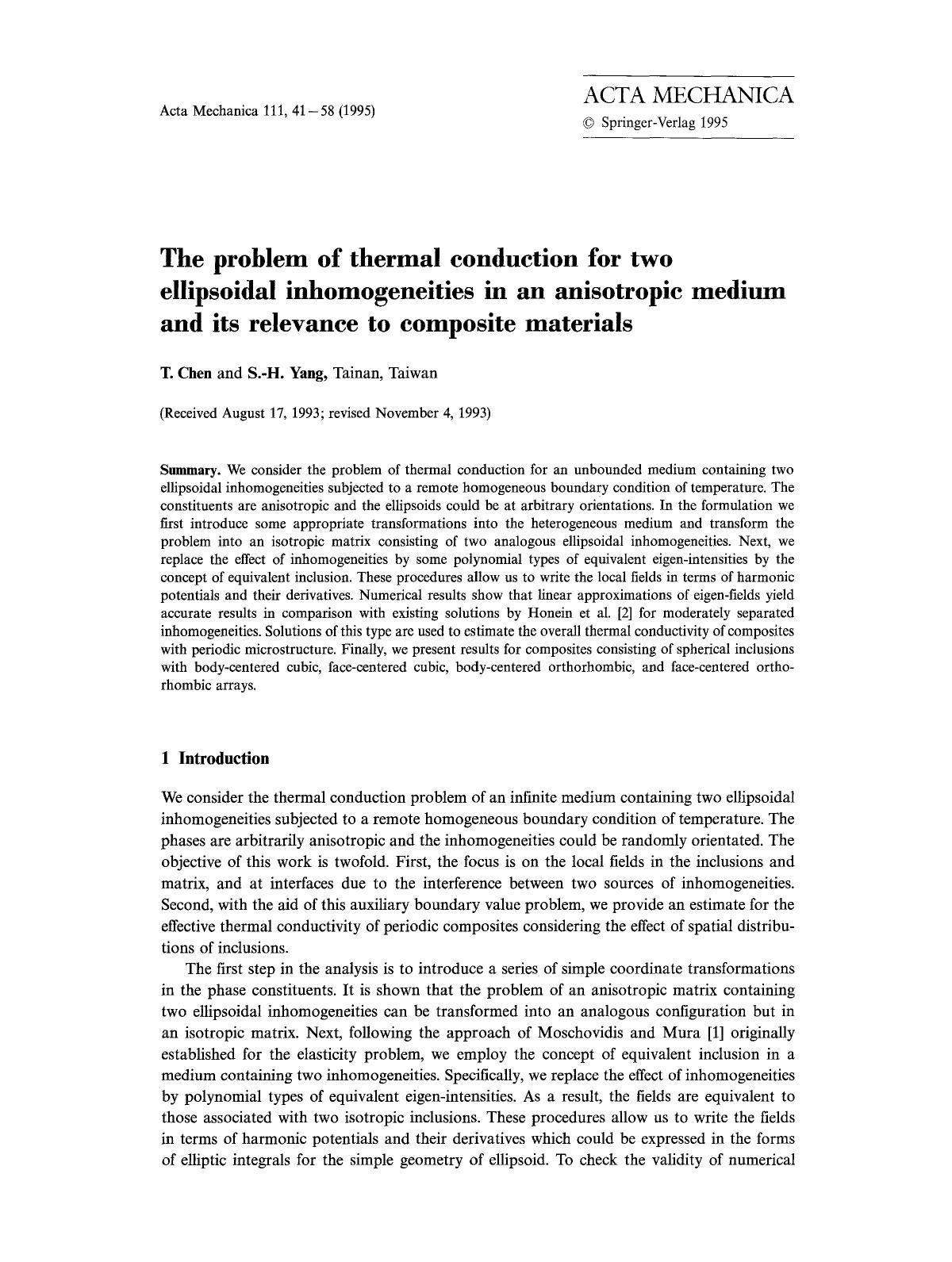 The problem of thermal conduction for two ellipsoidal inhomogeneities in an anisotropic medium and its relevance to composite materials by Unknown