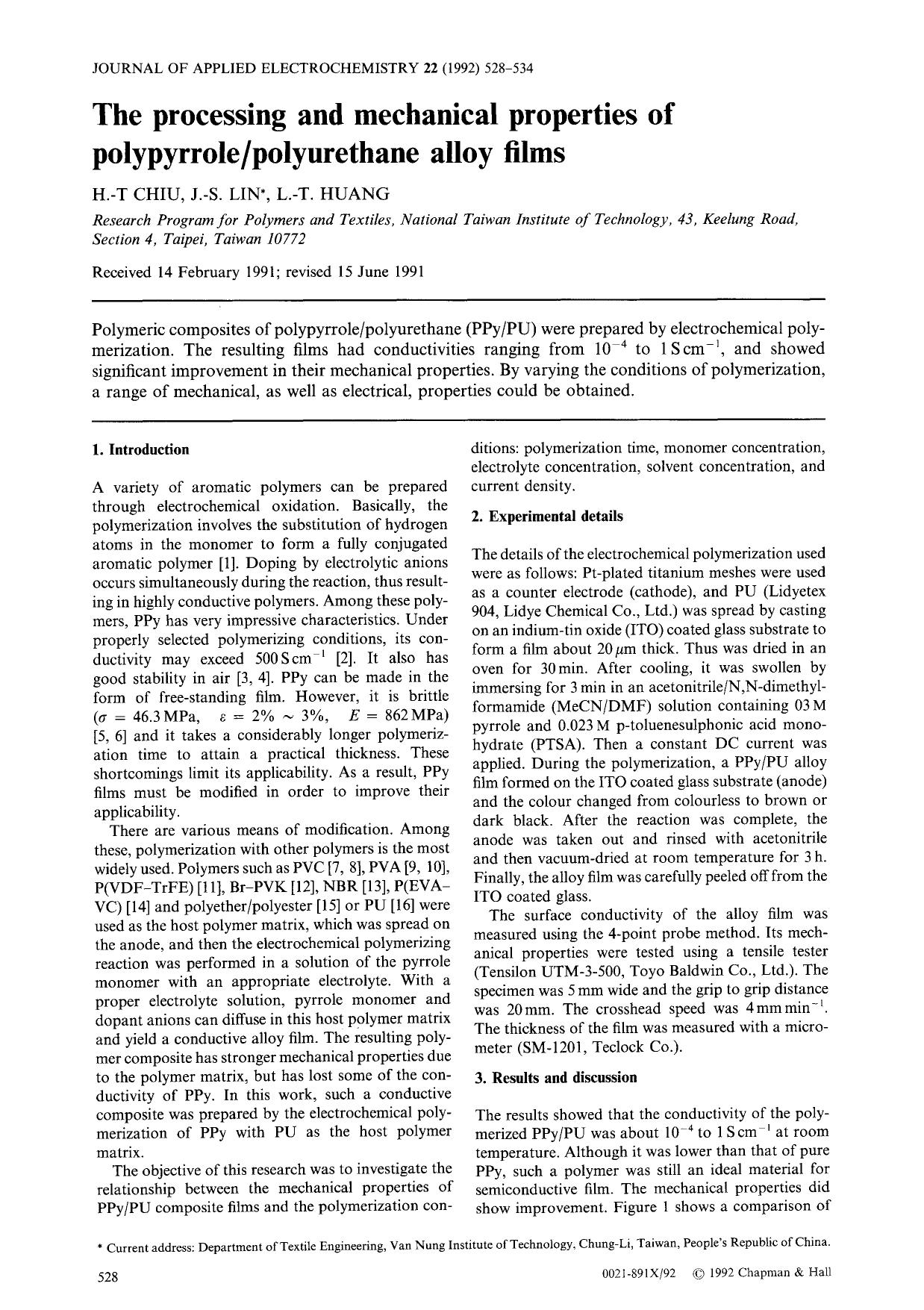 The processing and mechanical properties of polypyrrolepolyurethane alloy films by Unknown