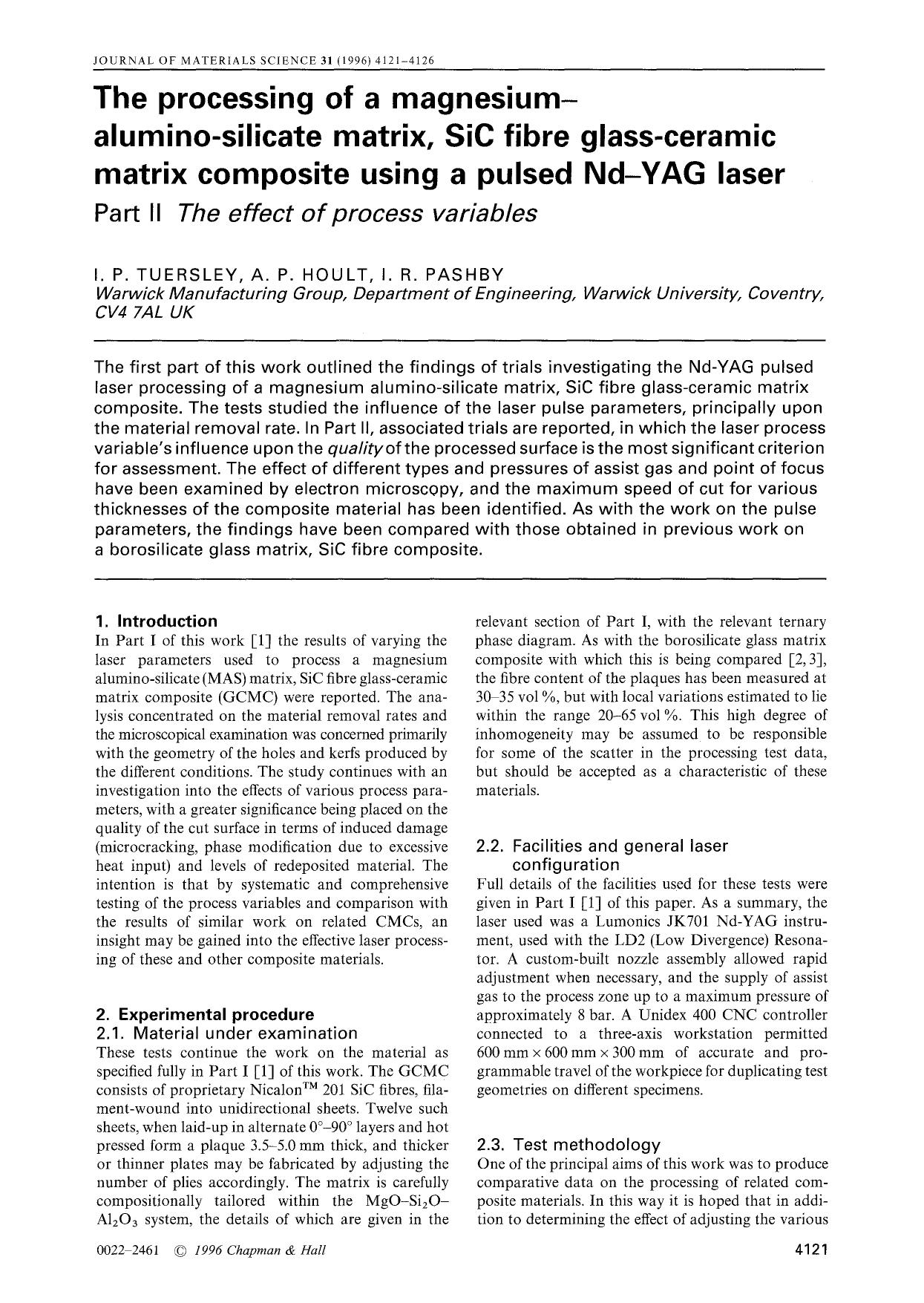The processing of a magnesium-alumino-silicate matrix, SiC fibre glass-ceramic matrix composite using a pulsed Nd-YAG laser by Unknown