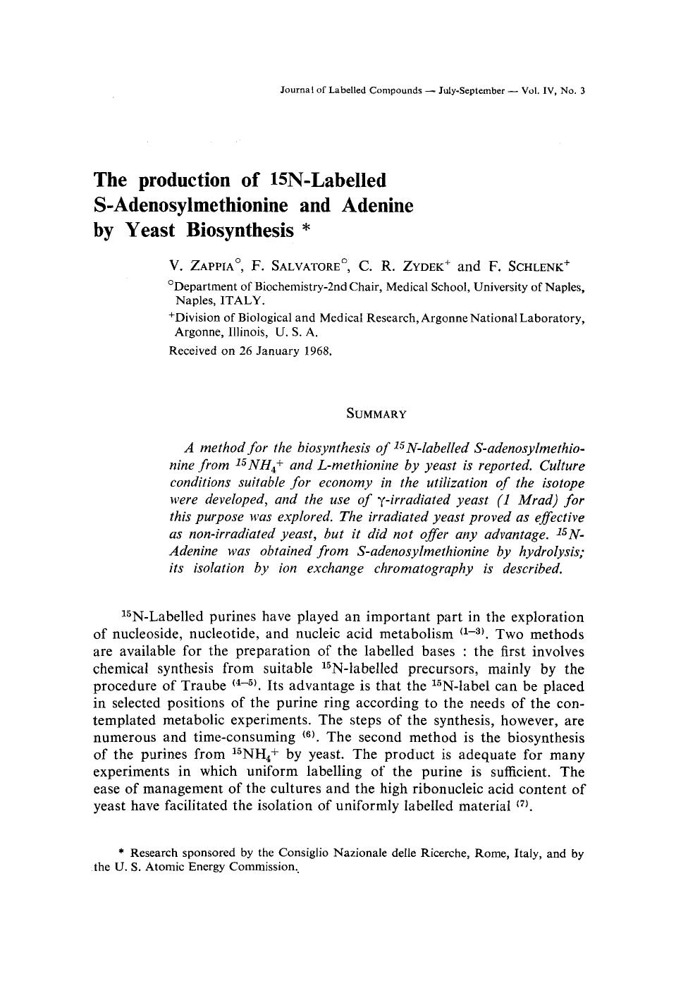 The production of 15N-labelled S-adenosylmethionine and adenine by yeast biosynthesis by Unknown