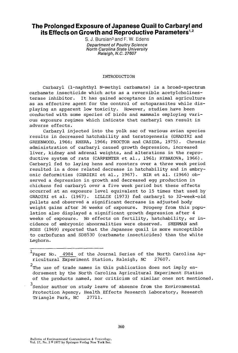 The prolonged exposure of Japanese quail to carbaryl and its effects on growth and reproductive parameters by Unknown