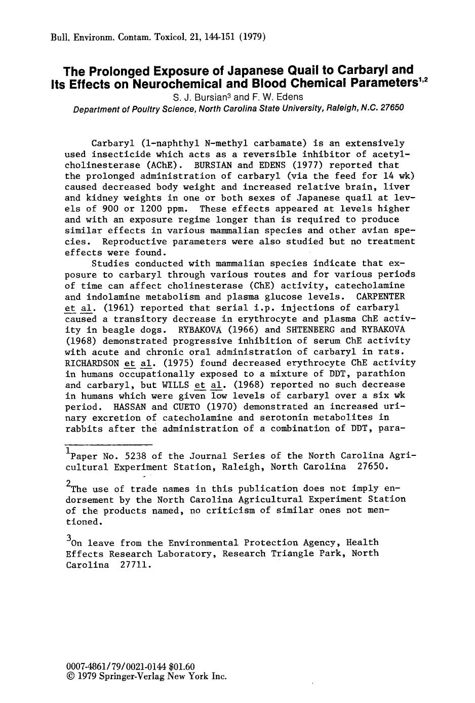 The prolonged exposure of Japanese quail to carbaryl and its effects on neurochemical and blood chemical parameters by Unknown
