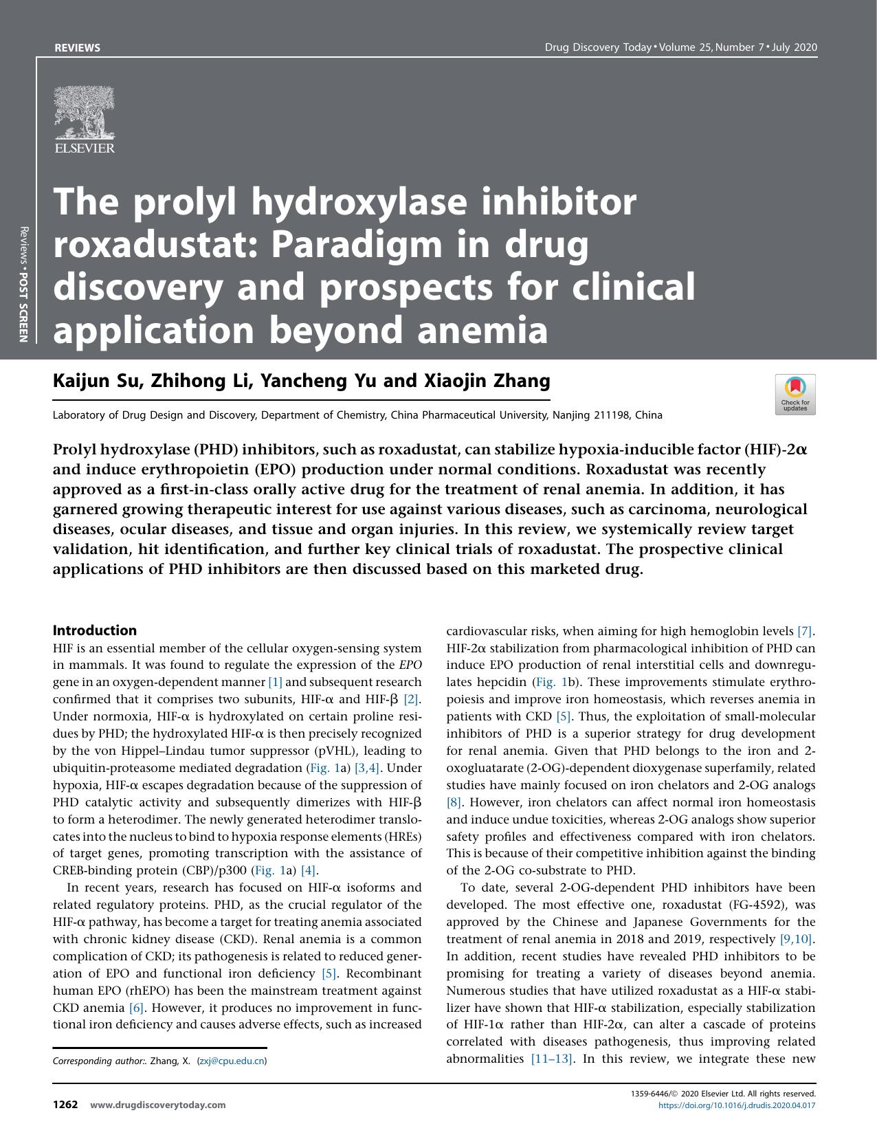 The prolyl hydroxylase inhibitor roxadustat: Paradigm in drug discovery and prospects for clinical application beyond anemia by Kaijun Su