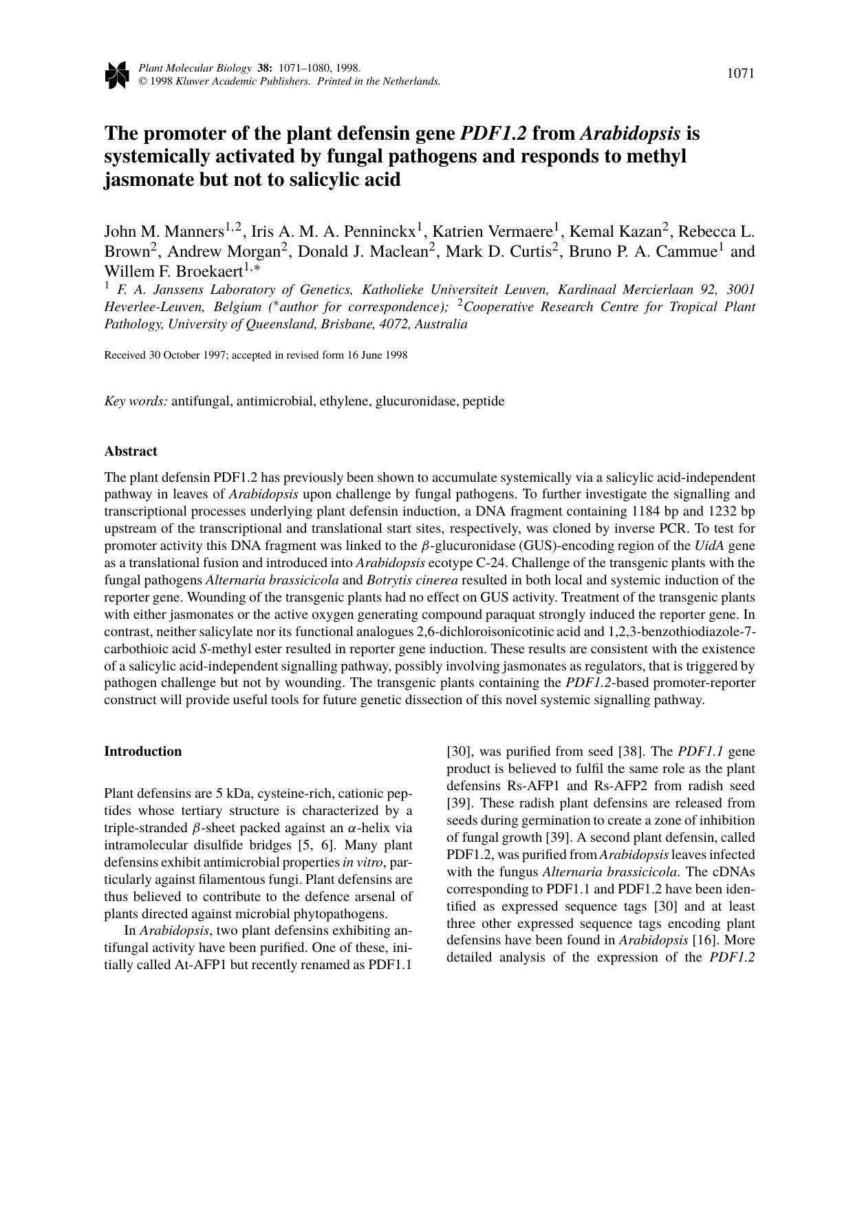 The promoter of the plant defensin gene PDF1.2 from Arabidopsis is systemically activated by fungal pathogens and responds to methyl jasmonate but not to salicylic acid by Unknown