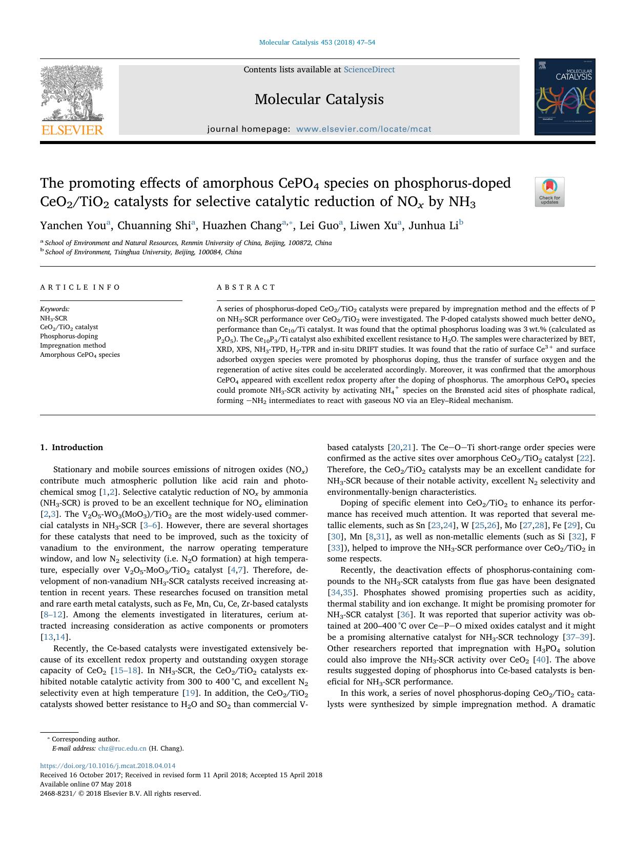 The promoting effects of amorphous CePO4 species on phosphorus-doped CeO2TiO2 catalysts for selective catalytic reduction of NOx by NH3 by Yanchen You