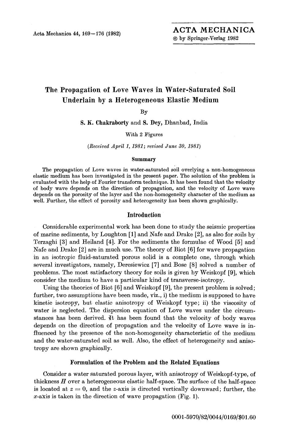The propagation of Love waves in water-saturated soil underlain by a heterogeneous elastic medium by Unknown