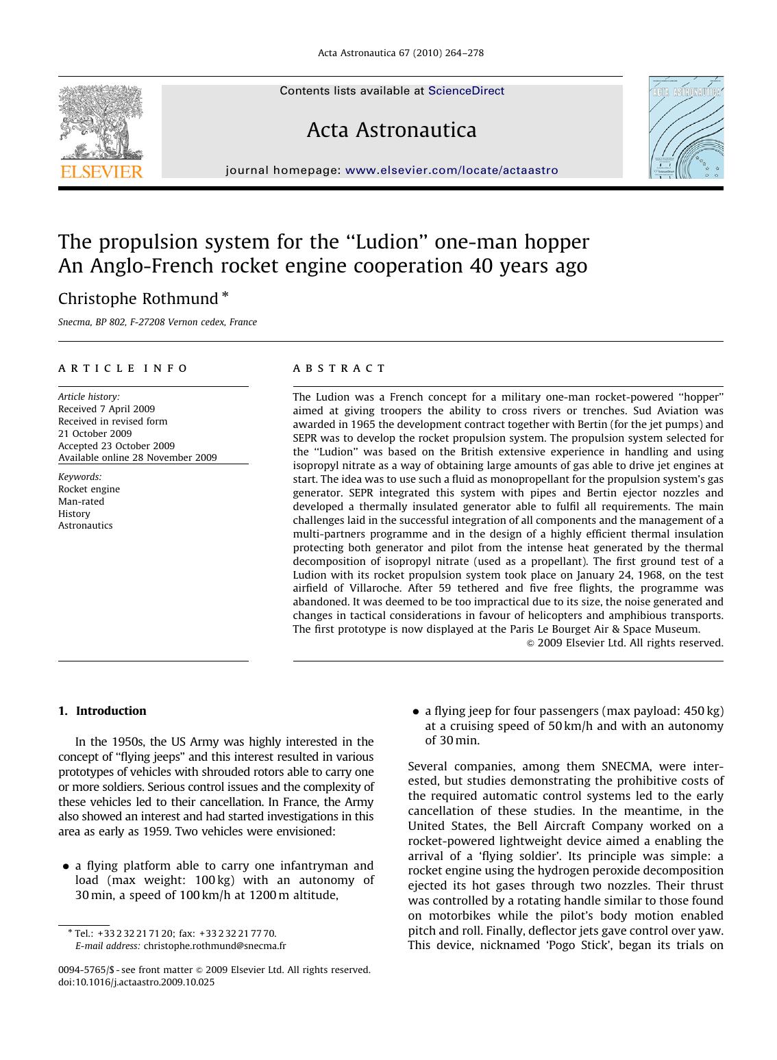 The propulsion system for the âLudionâ one-man hopper An Anglo-French rocket engine cooperation 40 years ago by Christophe Rothmund