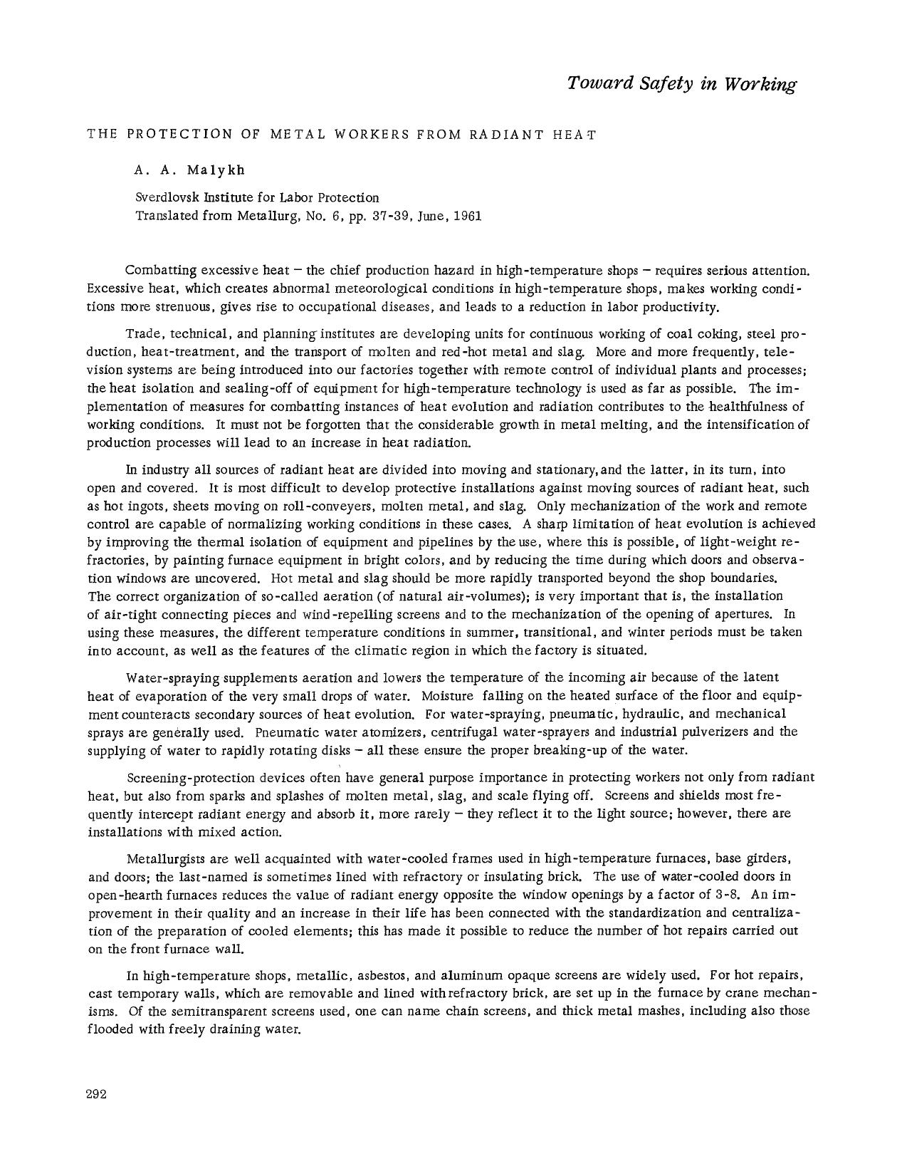 The protection of metal workers from radiant heat by Unknown