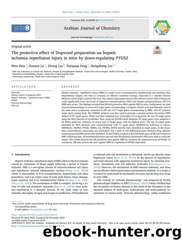 The protective effect of Dogwood preparation on hepatic ischemiaâreperfusion injury in mice by down-regulating PTGS2 by Wen Hou & Jiansen Lu & Zirong Liu & Xuequan Feng & Hongsheng Liu