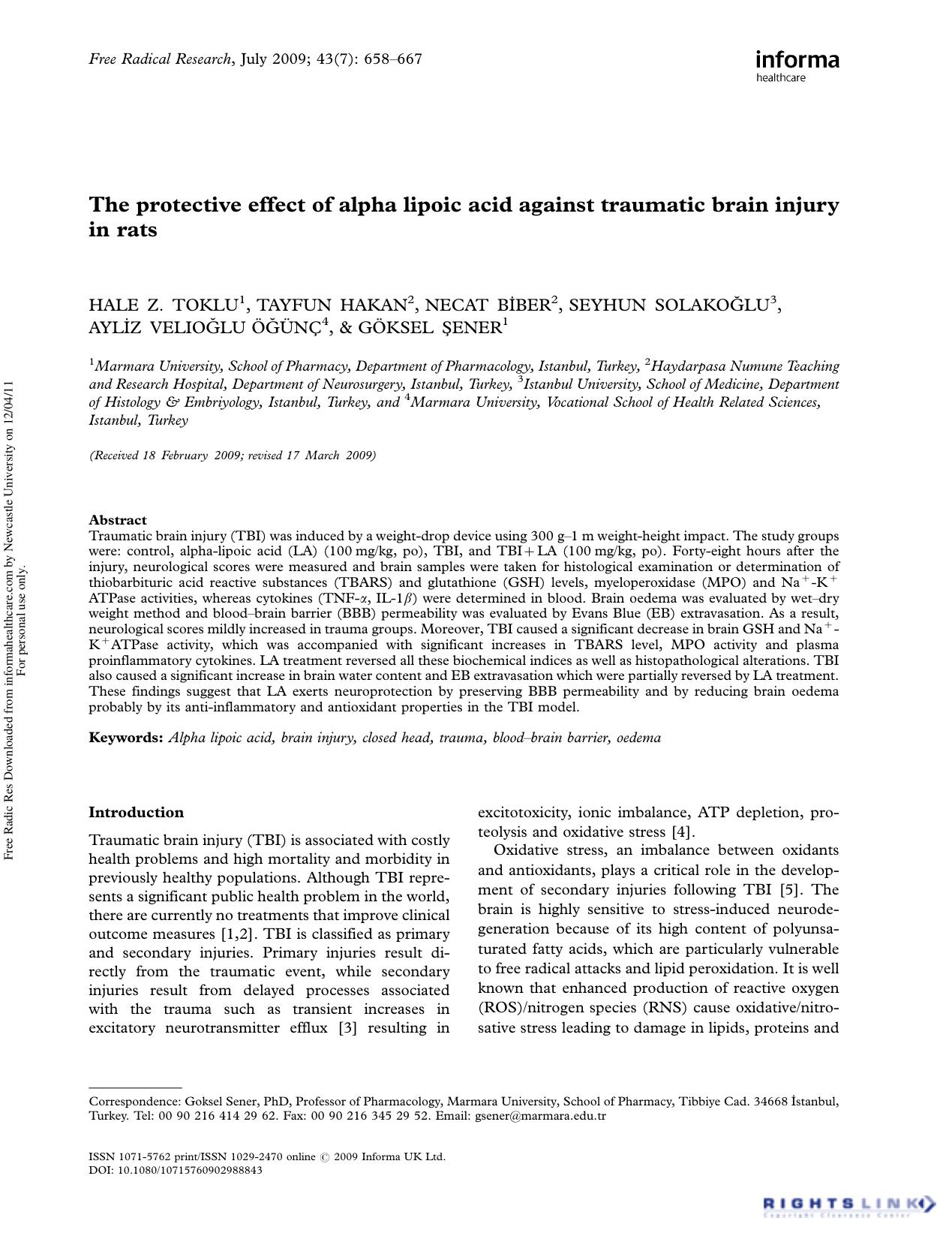 The protective effect of alpha lipoic acid against traumatic brain injury in rats by unknow
