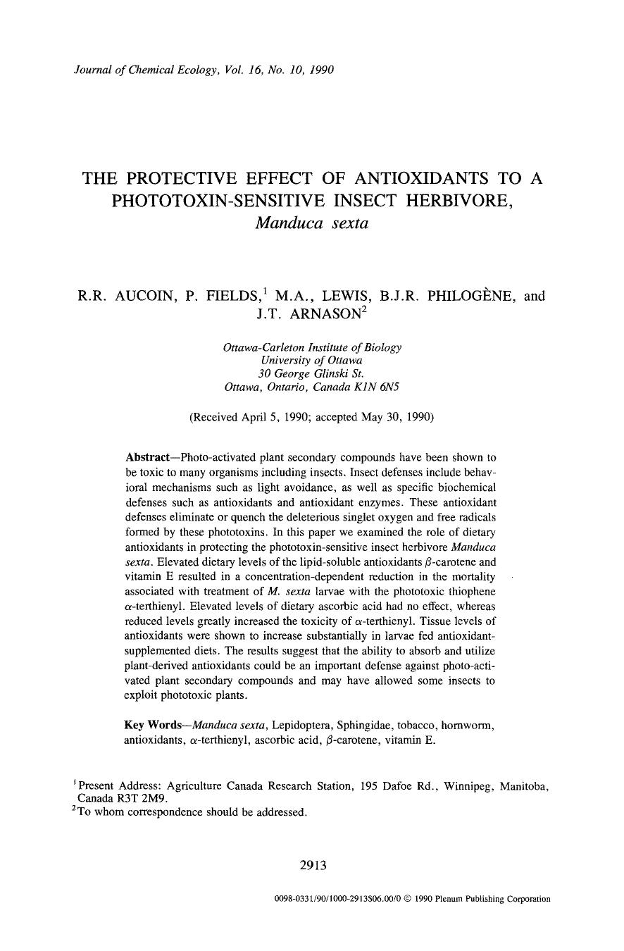 The protective effect of antioxidants to a phototoxin-sensitive insect herbivore, <Emphasis Type="Italic">Manduca sexta <Emphasis> by Unknown