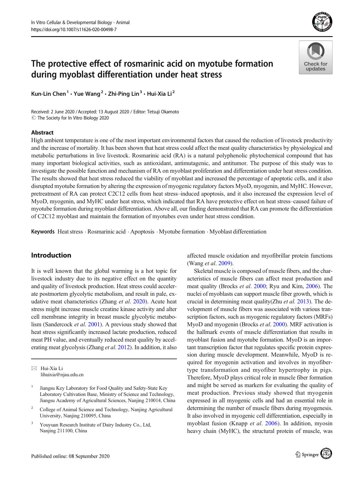 The protective effect of rosmarinic acid on myotube formation during myoblast differentiation under heat stress by Kun-Lin Chen & Yue Wang & Zhi-Ping Lin & Hui-Xia Li