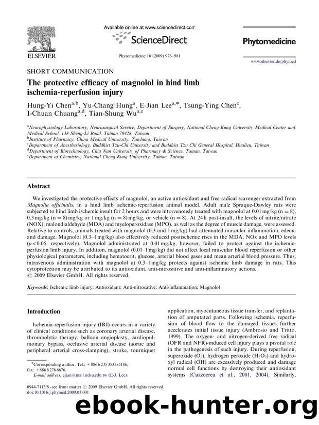 The protective efficacy of magnolol in hind limb ischemia-reperfusion injury by Hung-Yi Chen; Yu-Chang Hung; E-Jian Lee; Tsung-Ying Chen; I-Chuan Chuang; Tian-Shung Wu