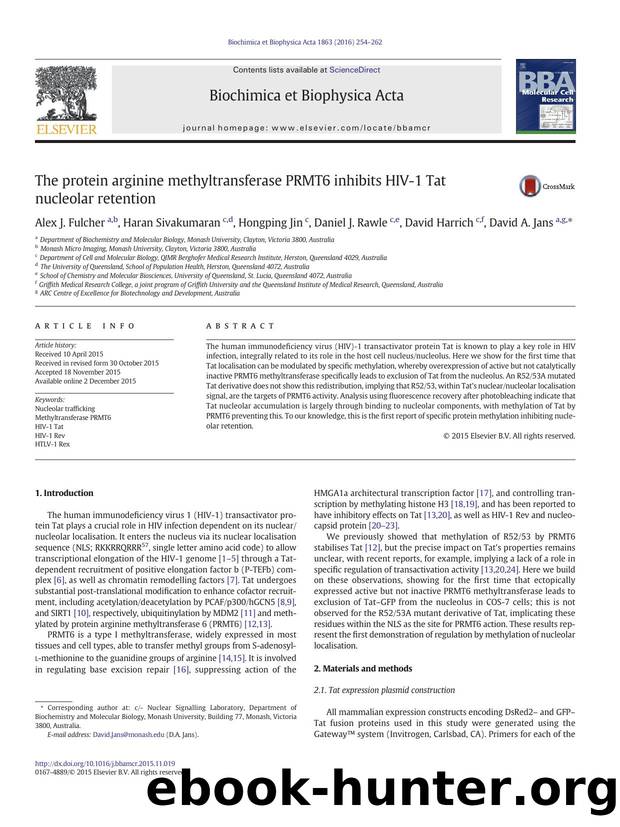 The protein arginine methyltransferase PRMT6 inhibits HIV-1 Tat nucleolar retention by Alex J. Fulcher & Haran Sivakumaran & Hongping Jin & Daniel J. Rawle & David Harrich & David A. Jans