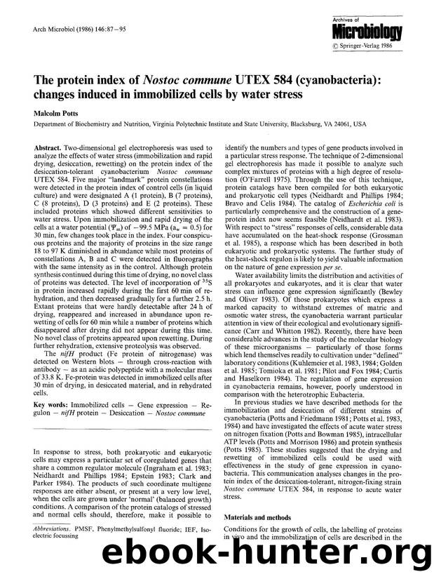 The protein index of <Emphasis Type="Italic">Nostoc commune <Emphasis> UTEX 584 (cyanobacteria): changes induced in immobilized cells by water stress by Unknown