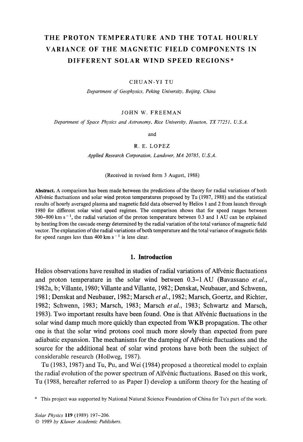 The proton temperature and the total hourly variance of the magnetic field components in different solar wind speed regions by Unknown