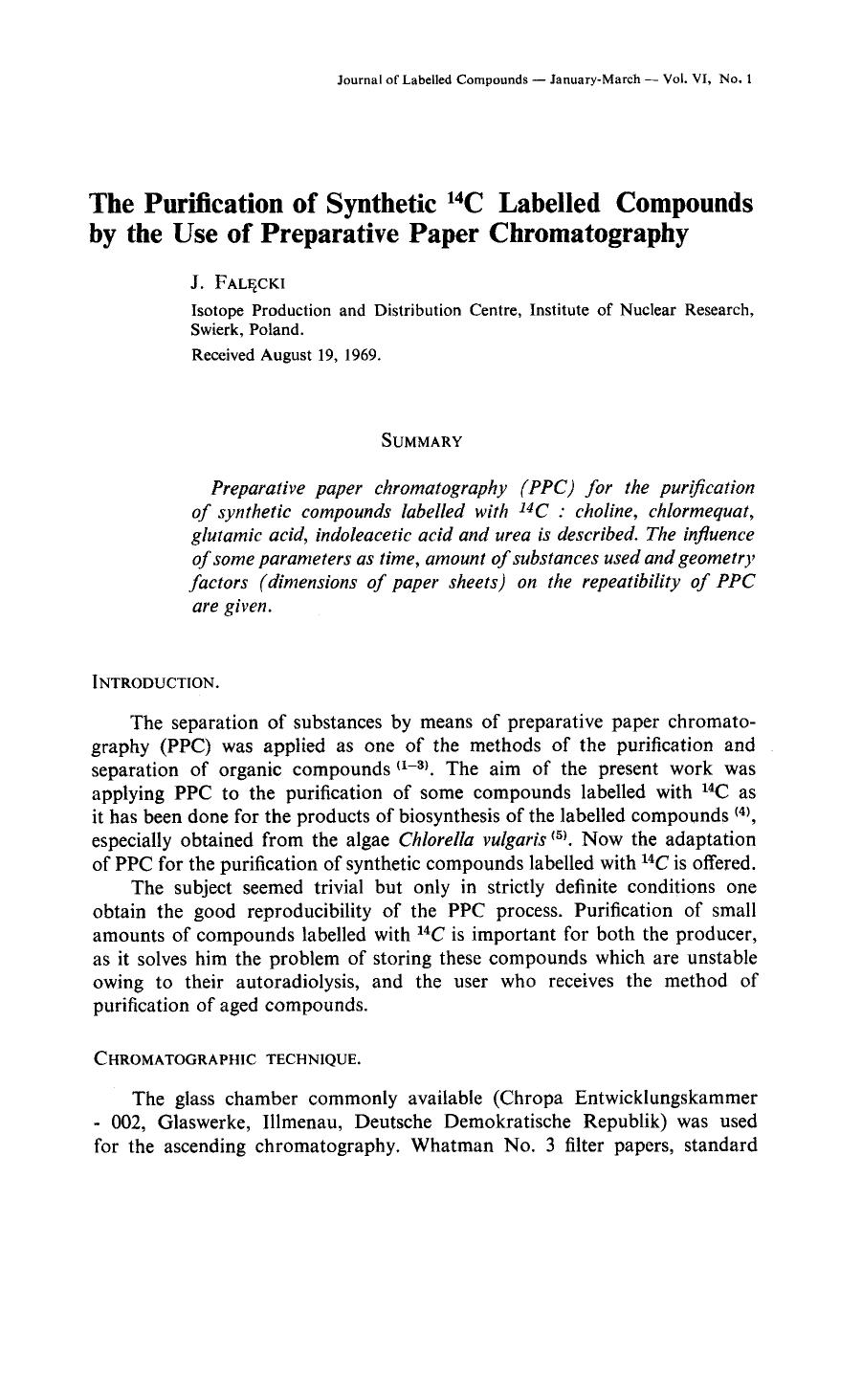 The purification of synthetic 14C labelled compounds by the use of preparative paper chromatography by Unknown