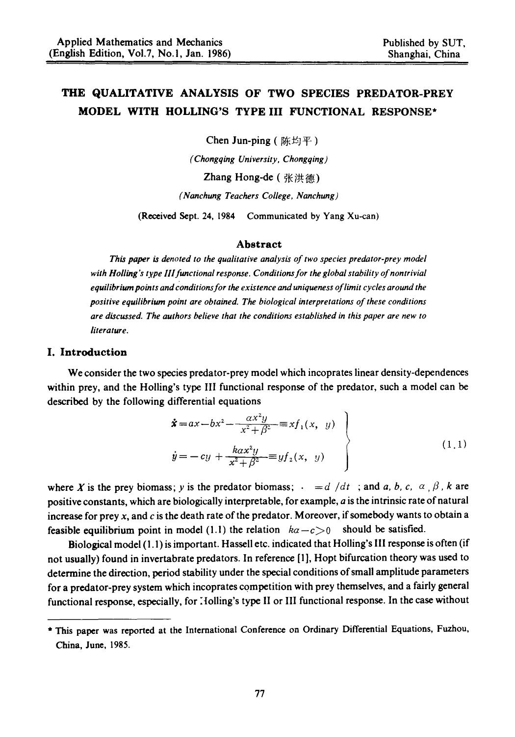 The qualitative analysis of two species predator-prey model with Holling's type III functional response by Unknown