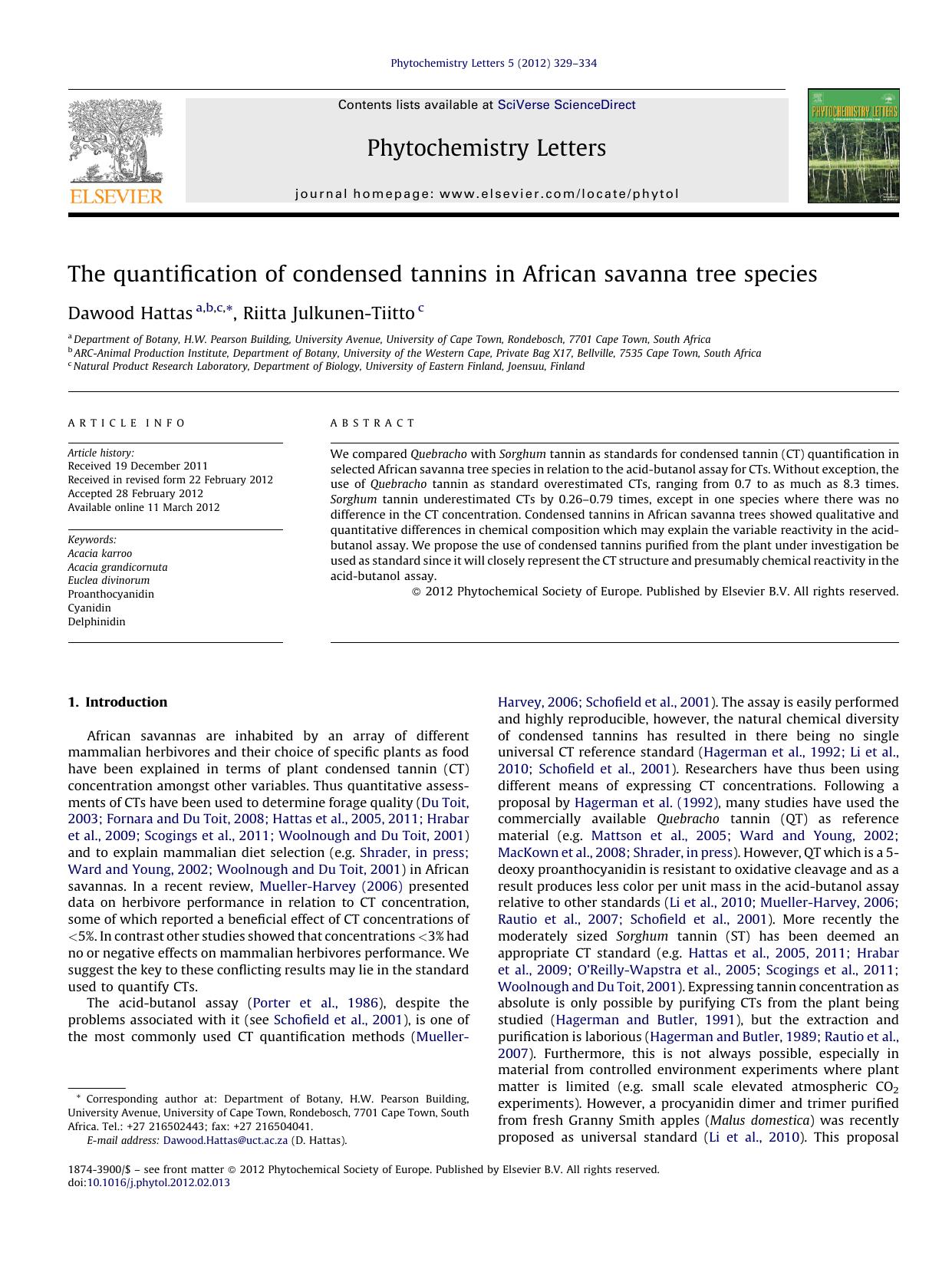 The quantification of condensed tannins in African savanna tree species by Dawood Hattas
