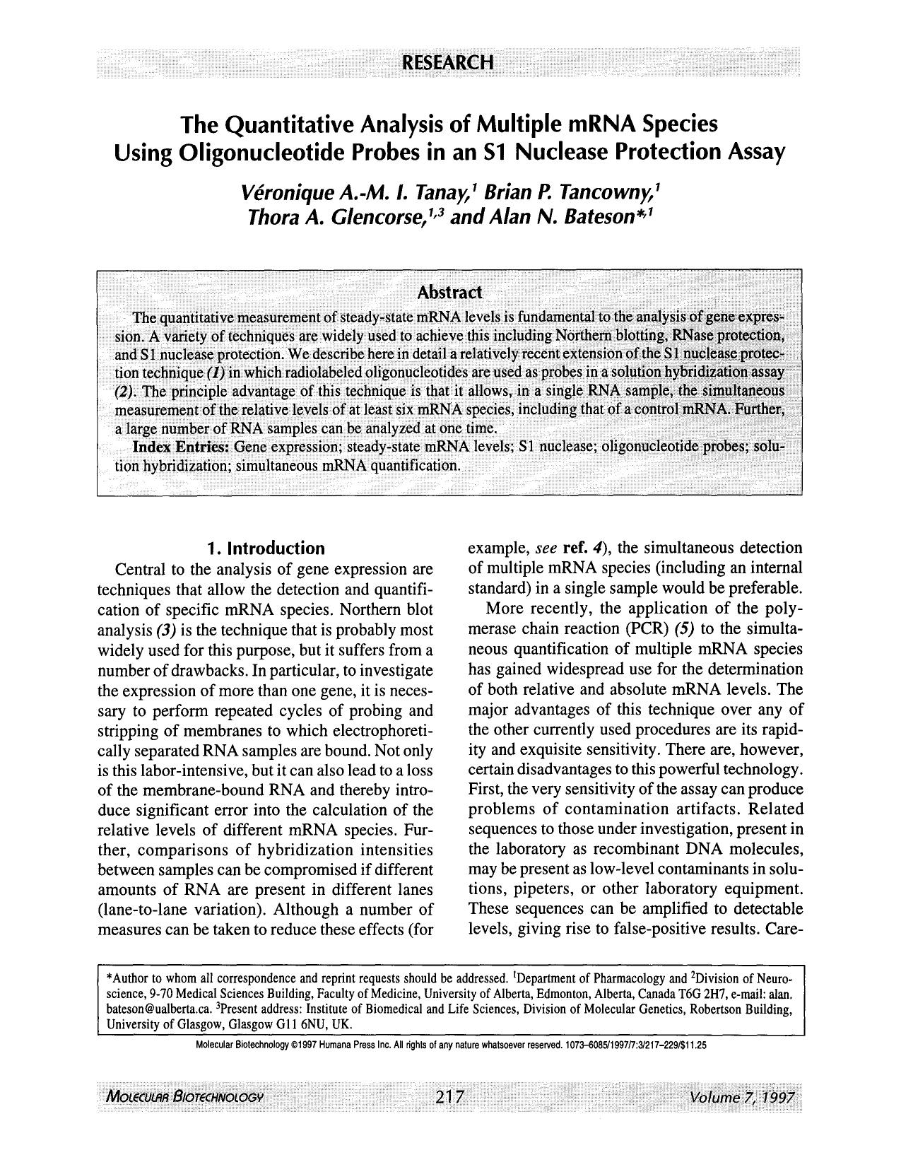 The quantitative analysis of multiple mRNA species using oligonucleotide probes in an S1 nuclease protection assay by Unknown