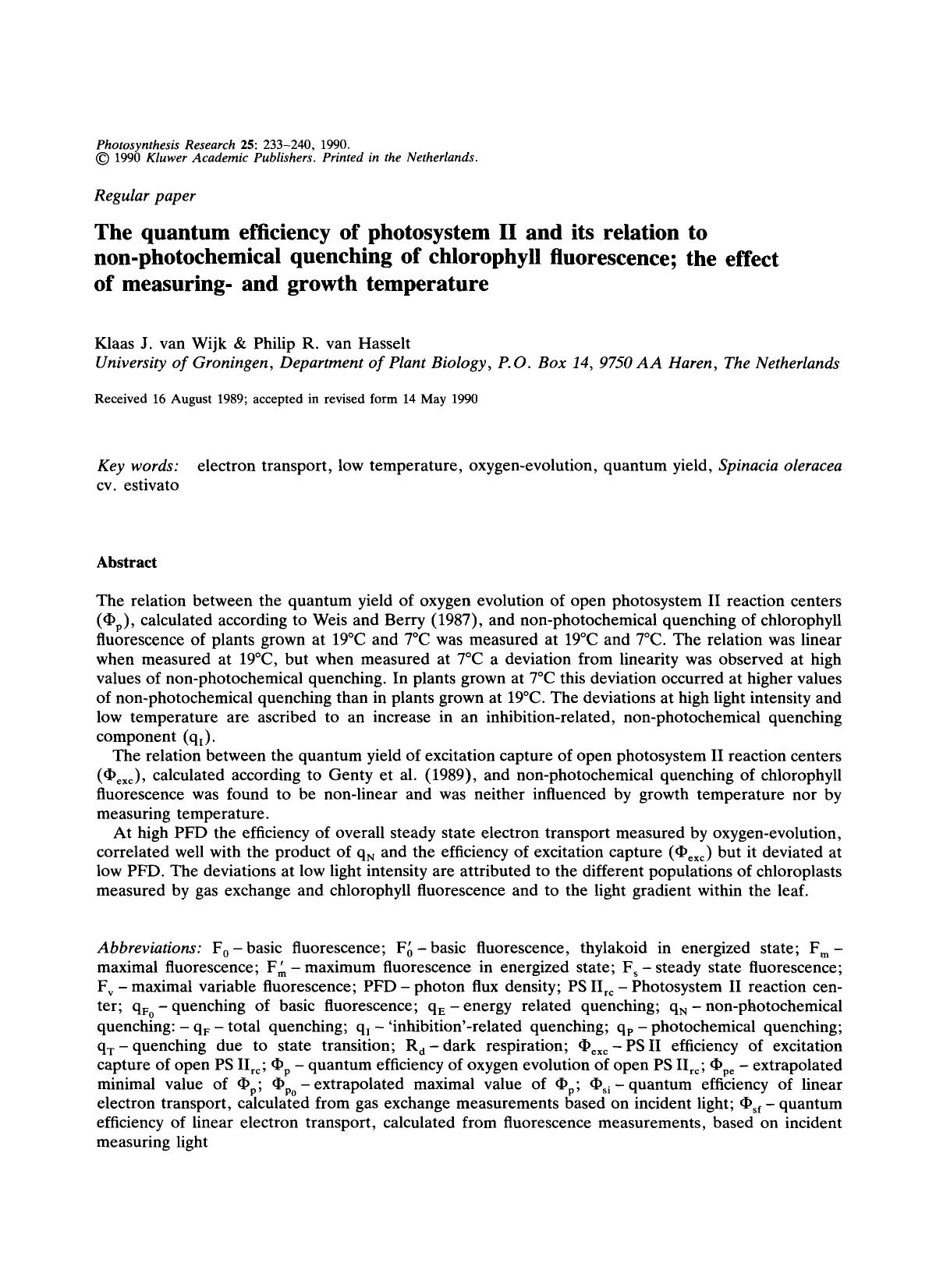 The quantum efficiency of photosystem II and its relation to non-photochemical quenching of chlorophyll fluorescence; the effect of measuring-and growth temperature by Unknown