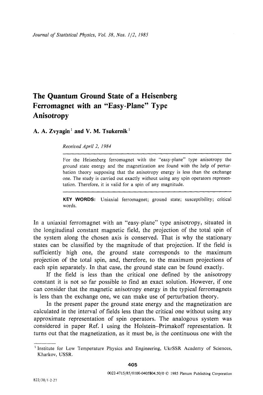 The quantum ground state of a Heisenberg ferromagnet with an “easy-plane” type anisotropy by Unknown