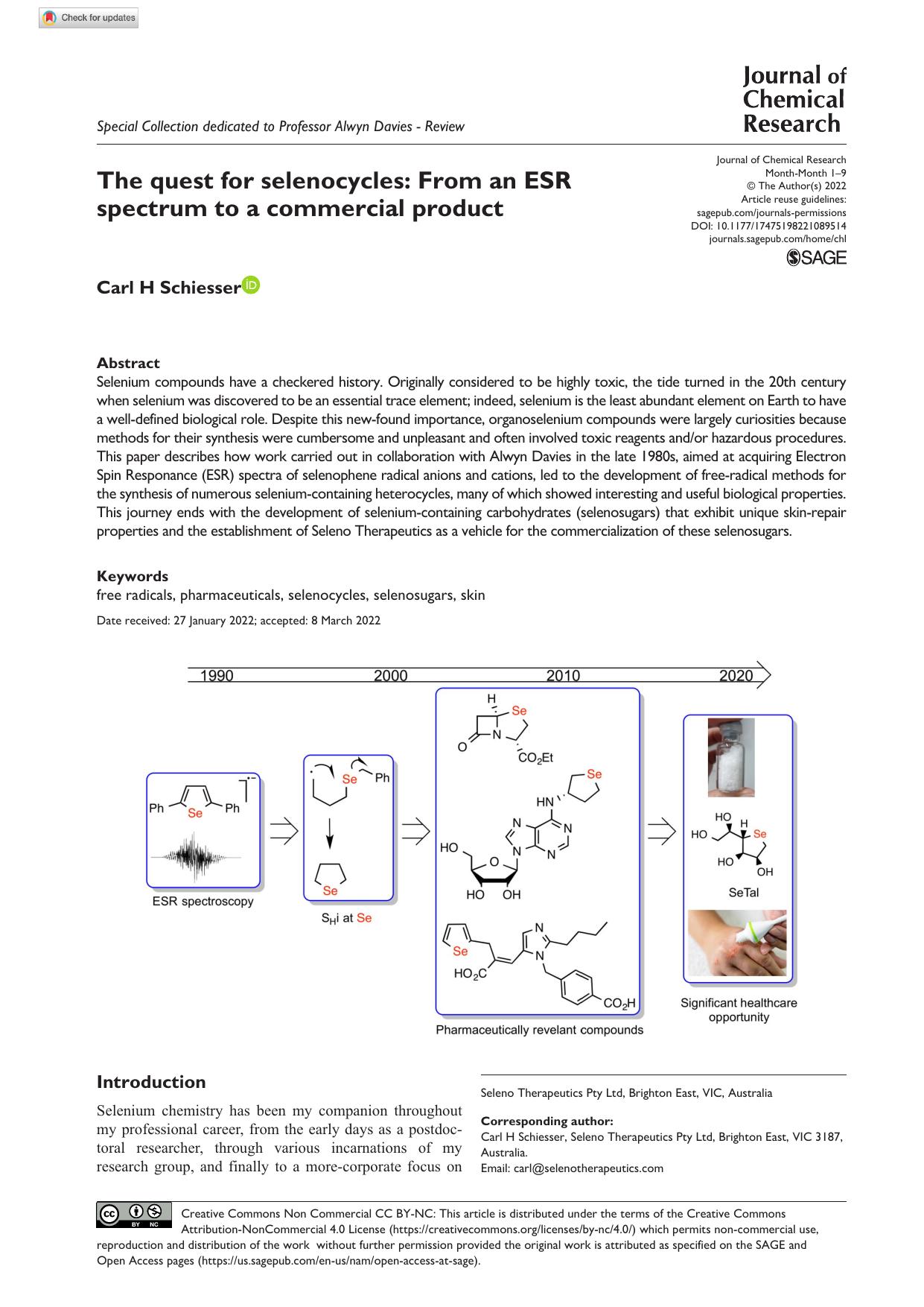 The quest for selenocycles: From an ESR spectrum to a commercial product by Carl H Schiesser