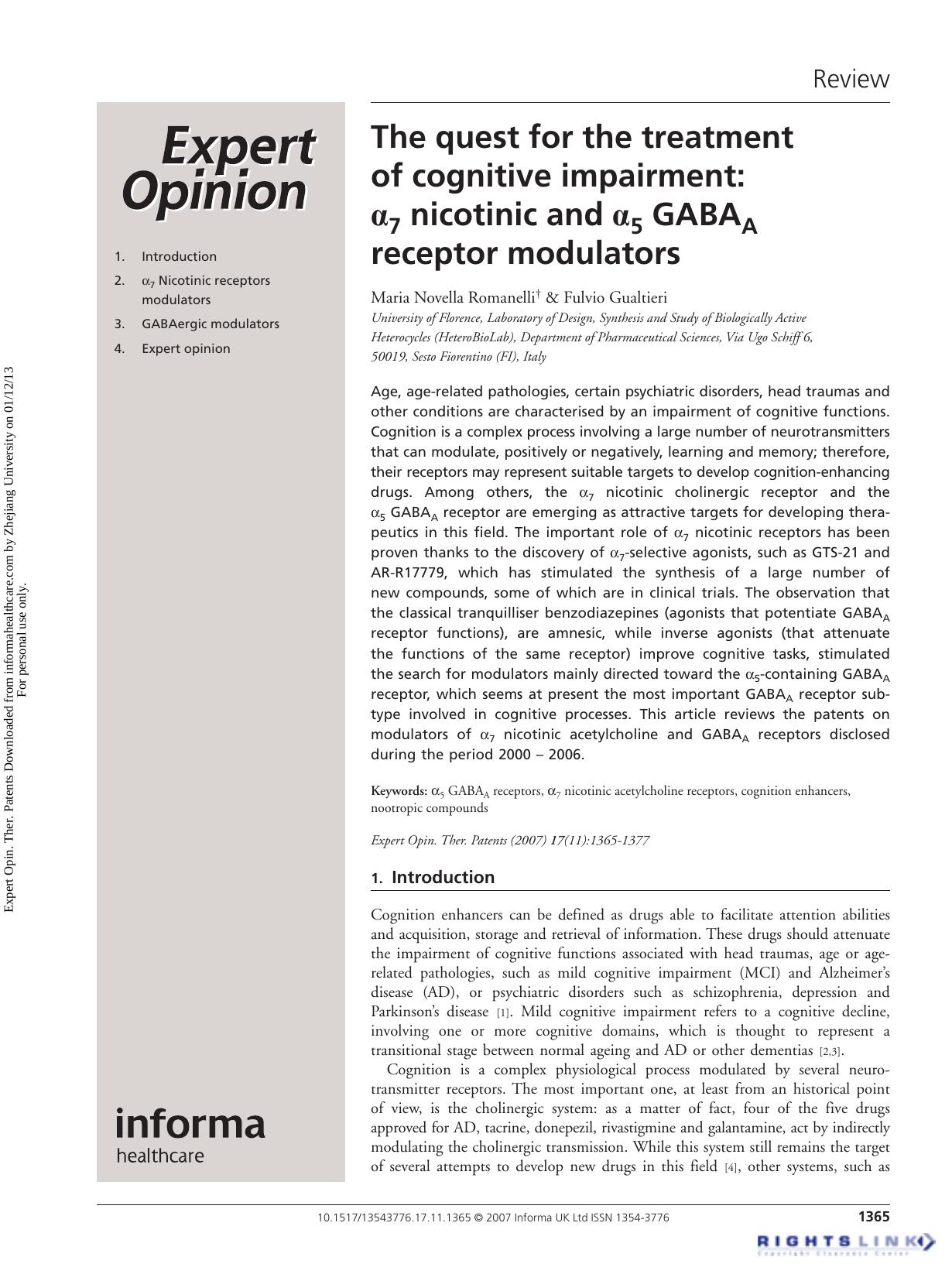 The quest for the treatment of cognitive impairment: α7 nicotinic and α5 GABAA receptor modulators by Maria Novella Romanelli & Fulvio Gualtieri