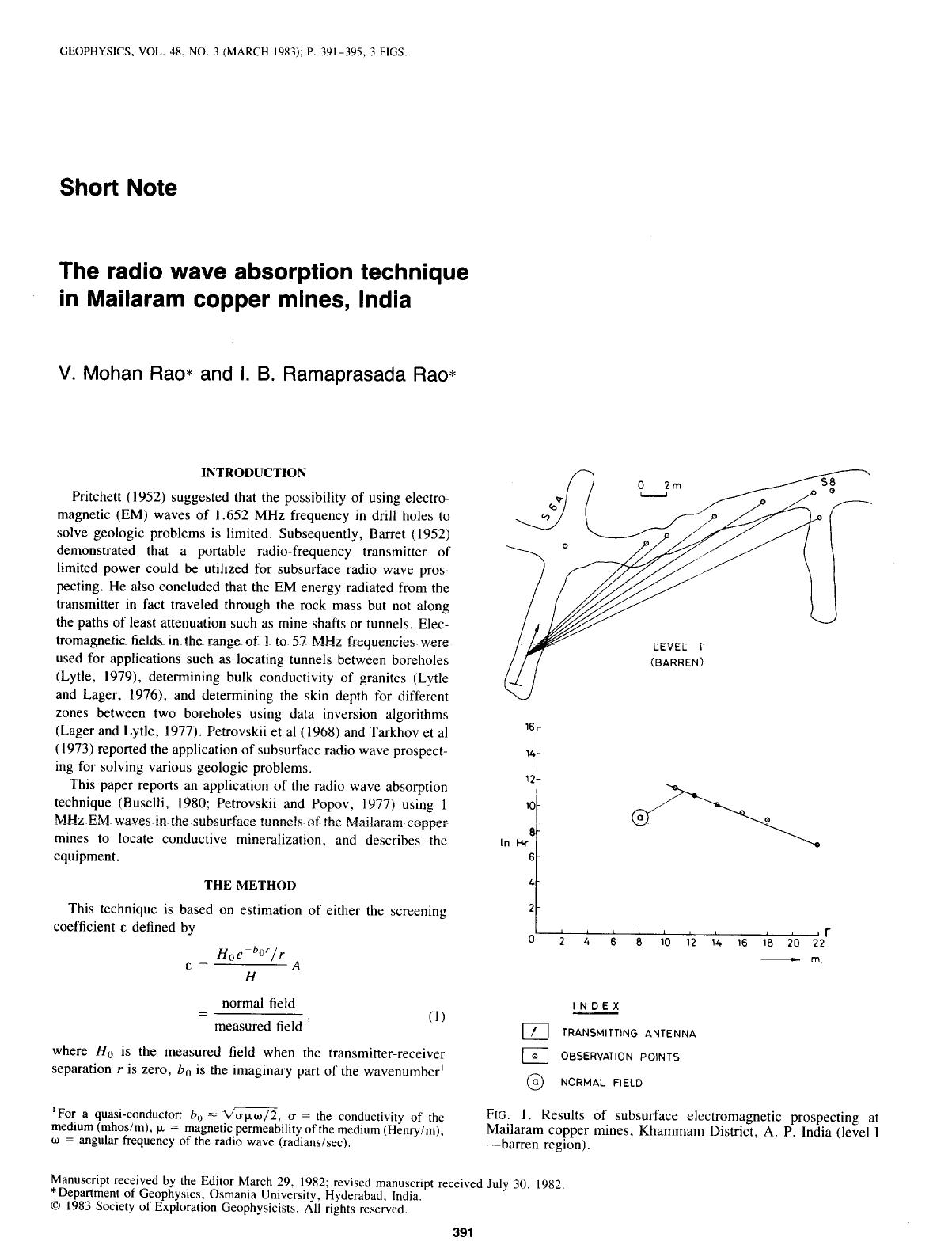The radio wave absorption technique in Mailaram copper mines, India: SHORT NOTE by Rao V. M.; Rao I. B. R