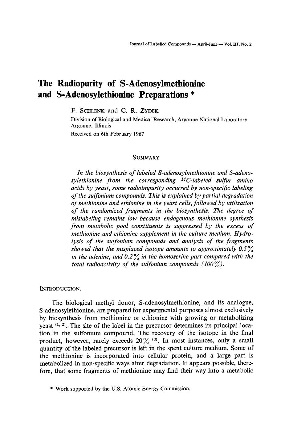 The radiopurity of S-adenosylmethionine and S-adenosylethionine preparations by Unknown