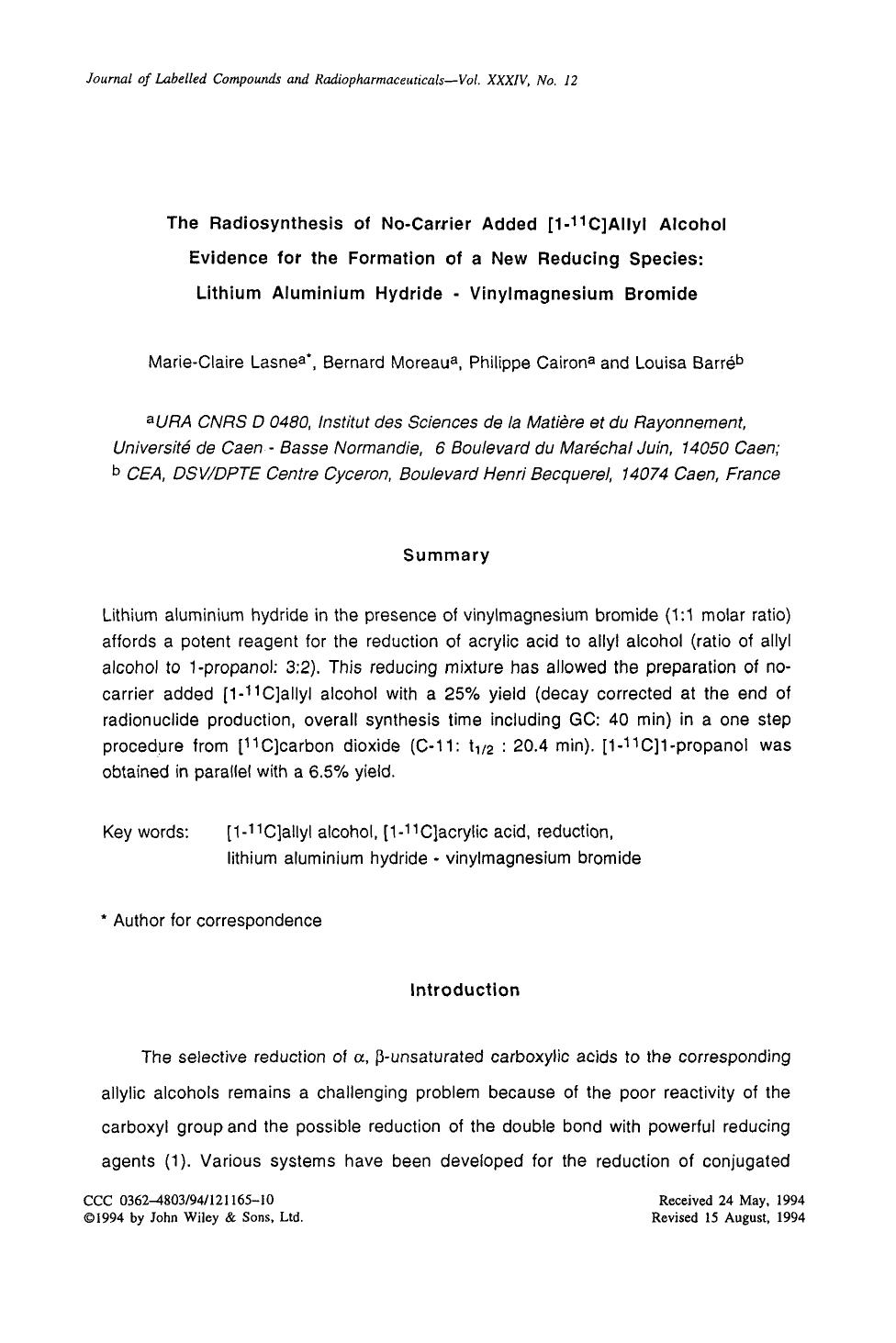 The radiosynthesis of No-carrier added [1-11C]allyl alcohol evidence for the formation of a new reducing species: Lithium aluminium hydride - vinylmagnesium bromide by Unknown