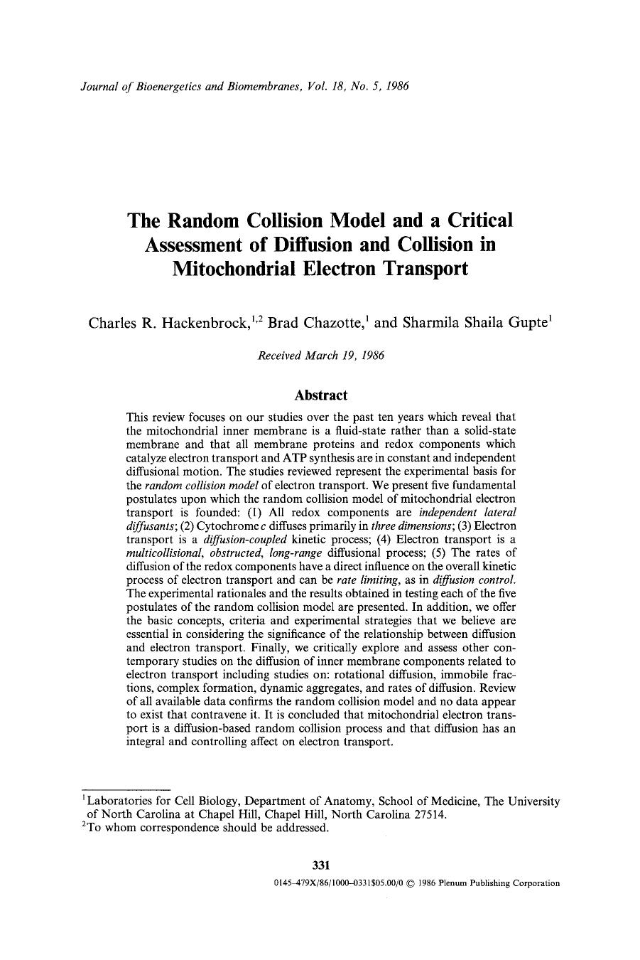 The random collision model and a critical assessment of diffusion and collision in mitochondrial electron transport by Unknown