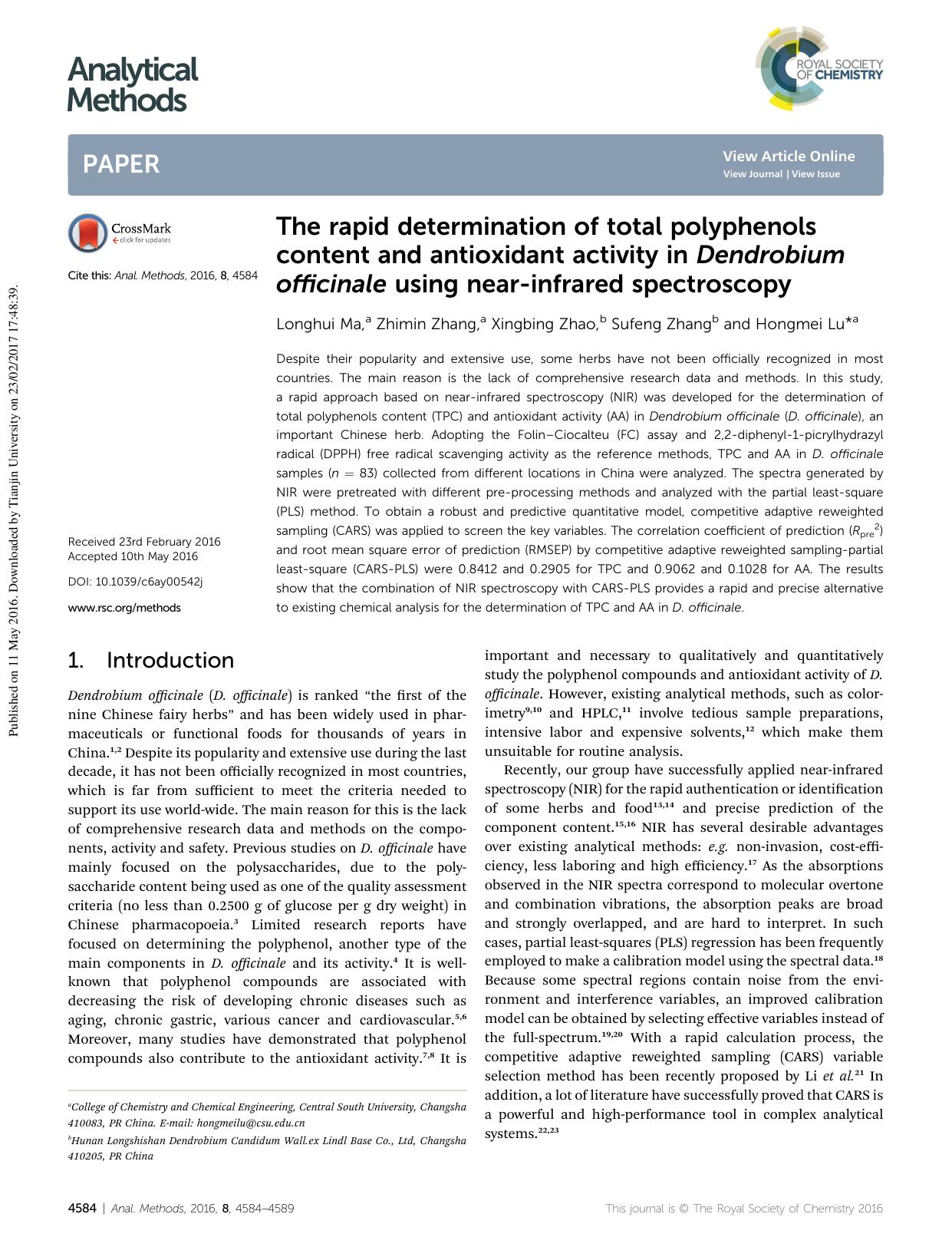 The rapid determination of total polyphenols content and antioxidant activity in Dendrobium officinale using near-infrared spectroscopy by Longhui Ma & Zhimin Zhang & Xingbing Zhao & Sufeng Zhang & Hongmei Lu