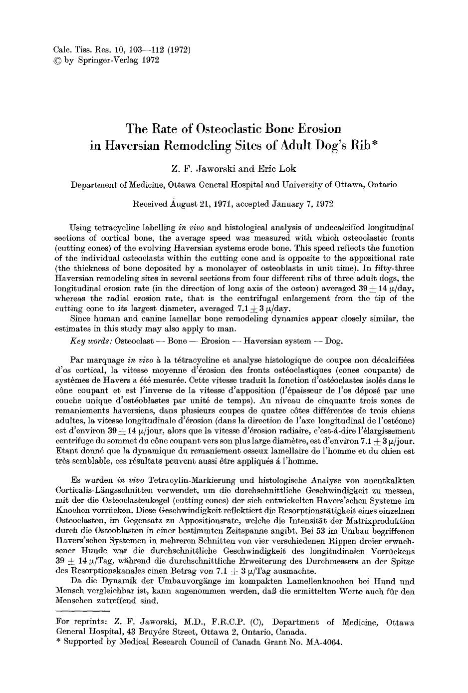 The rate of osteoclastic bone erosion in Haversian remodeling sites of adult dog's rib by Unknown