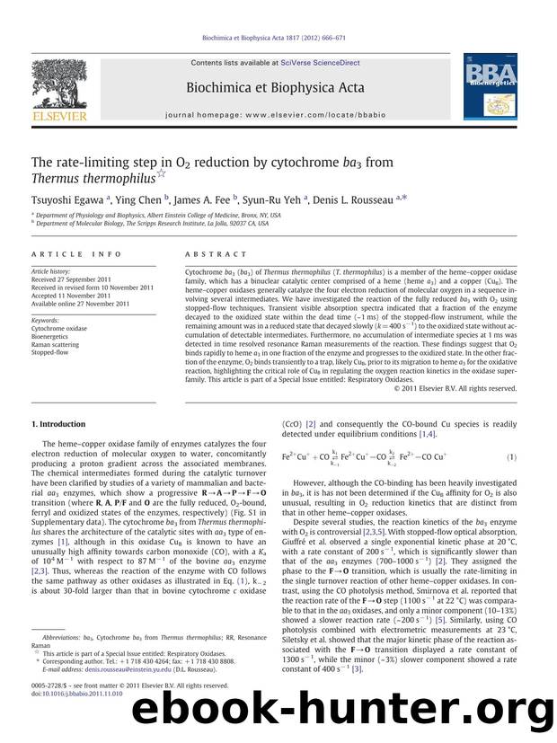 The rate-limiting step in O2 reduction by cytochrome ba3 from Thermus thermophilus by Tsuyoshi Egawa & Ying Chen & James A. Fee & Syun-Ru Yeh & Denis L. Rousseau