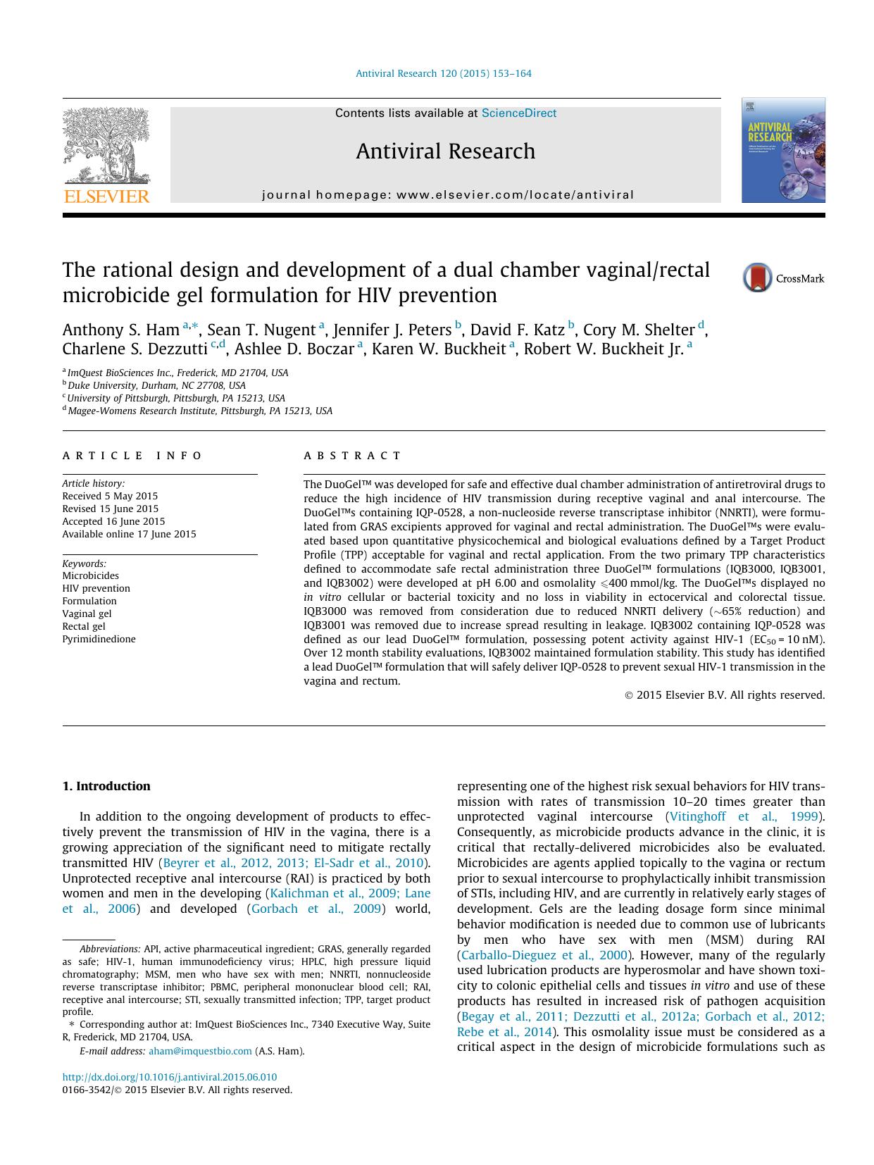 The rational design and development of a dual chamber vaginalrectal microbicide gel formulation for HIV prevention by unknow