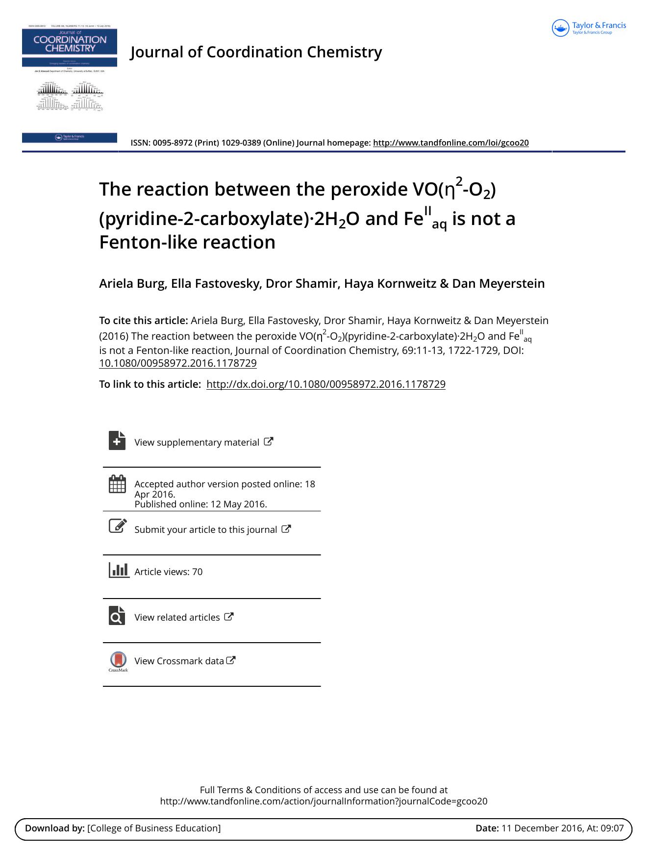 The reaction between the peroxide VO(Î·2-O2)(pyridine-2-carboxylate)Â·2H2O and FeIIaq is not a Fenton-like reaction by Ariela Burg & Ella Fastovesky & Dror Shamir & Haya Kornweitz & Dan Meyerstein