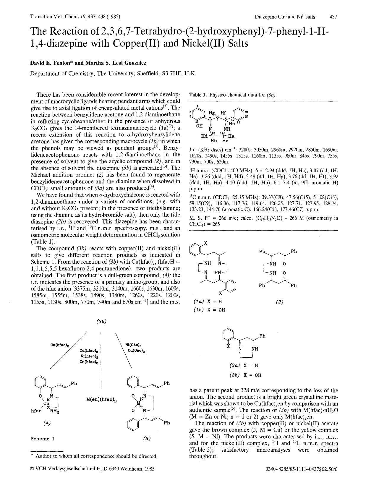 The reaction of 2,3,6,7-tetrahydro-(2-hydroxyphenyl)-7-phenyl-1-H-1,4-diazepine with copper(II) and nickel(II) salts by Unknown