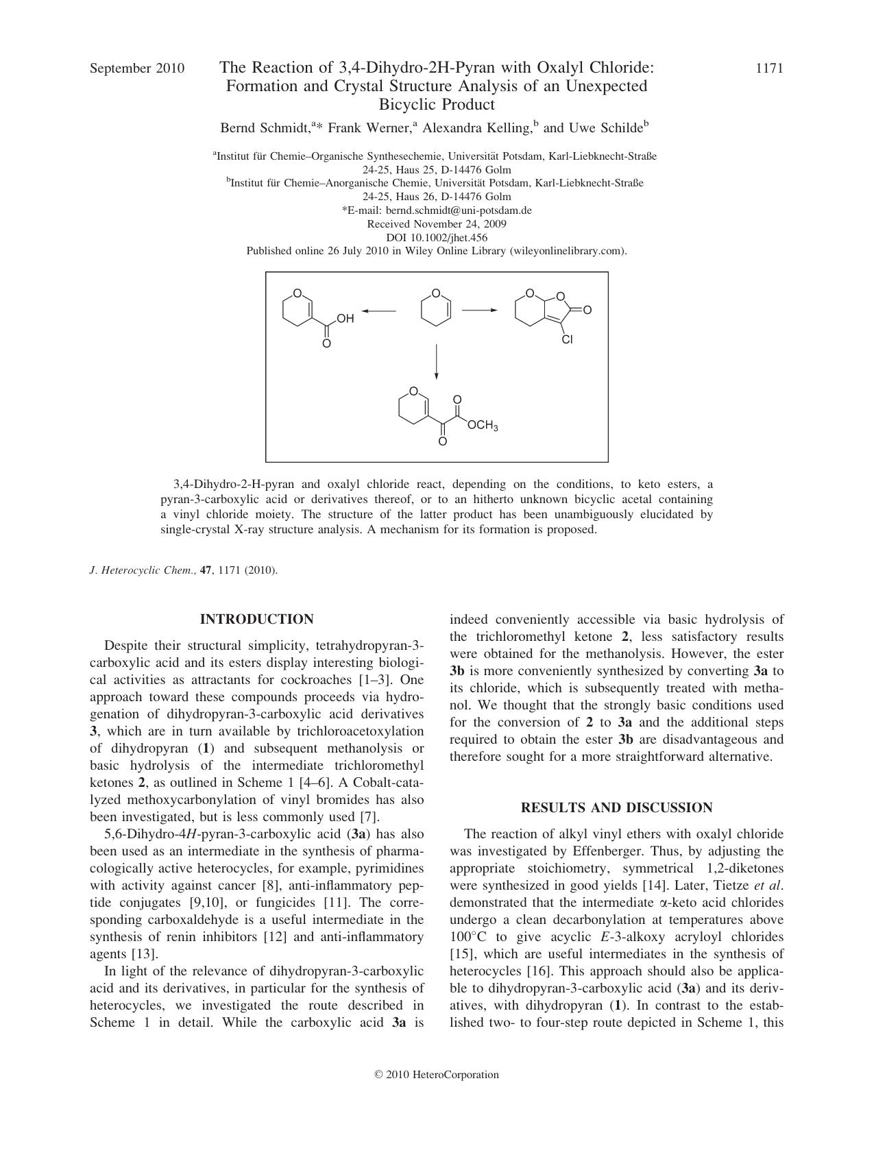 The reaction of 3,4dihydro2Hpyran with oxalyl chloride: Formation and crystal structure analysis of an unexpected bicyclic product by Unknown