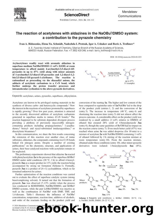 The reaction of acetylenes with aldazines in the NaOButDMSO system: a contribution to the pyrazole chemistry by Ivan A. Bidusenko & Elena Yu. Schmidt & Nadezhda I. Protsuk & Igor A. Ushakov & Boris A. Trofimov