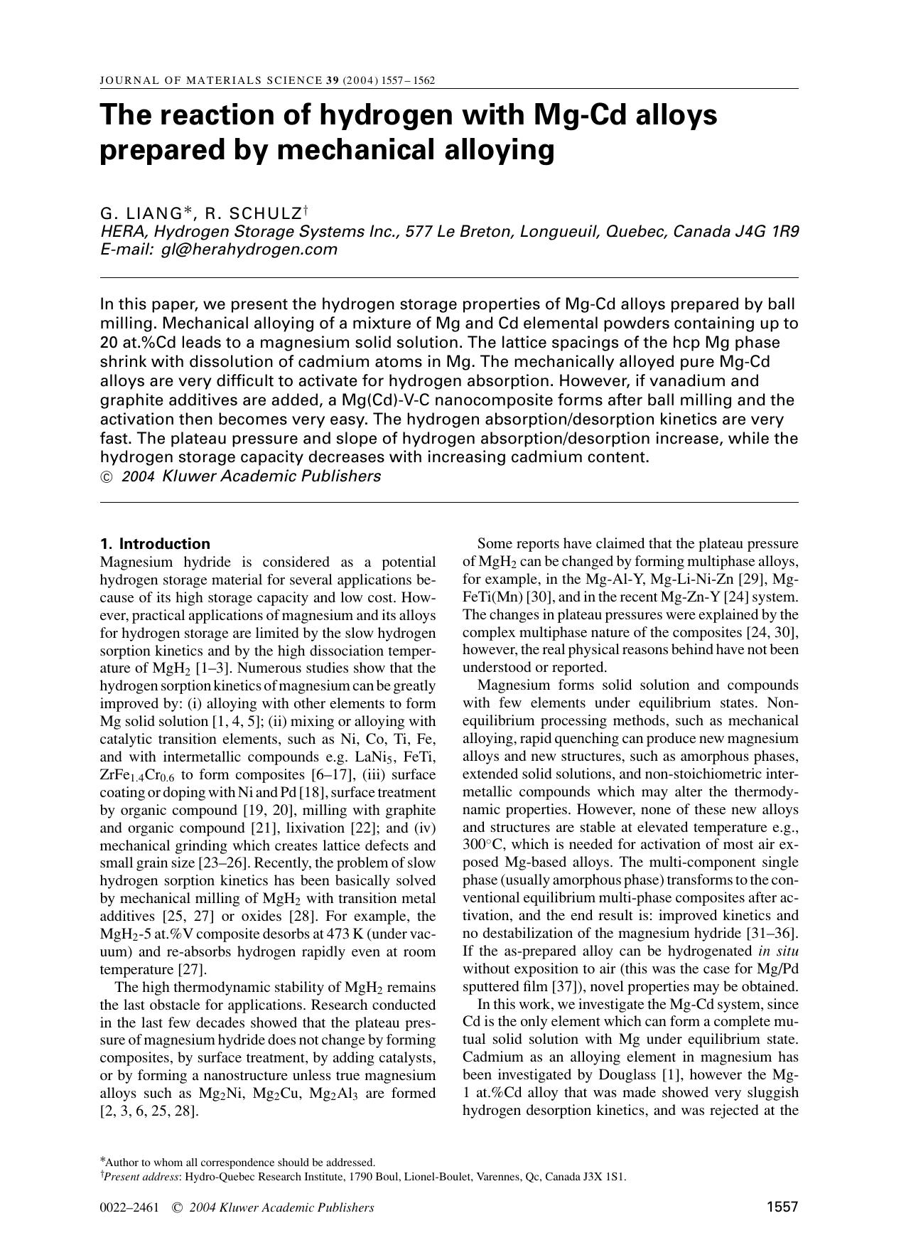 The reaction of hydrogen with Mg-Cd alloys prepared by mechanical alloying by Unknown
